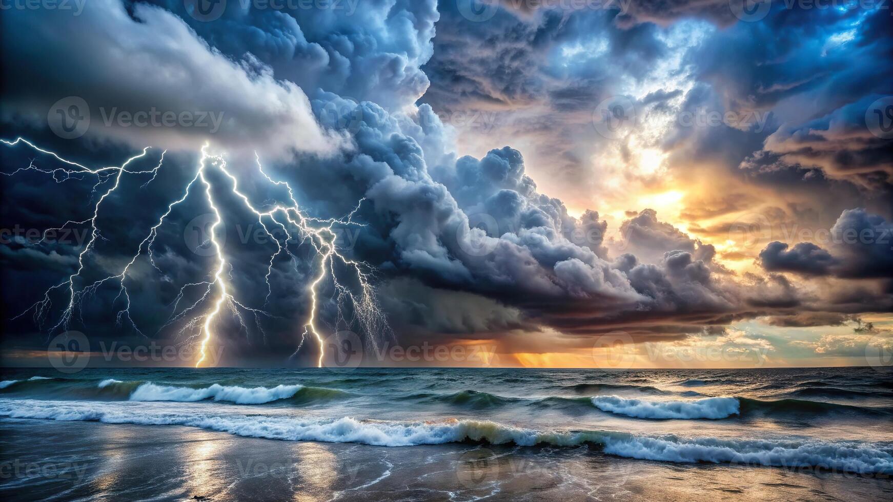 A dramatic scene of stormy weather with dark clouds lightning bolts striking the gloomy sky above the turbulent sea in a tilted angle, dramatic scene, intense weather, dark clouds photo