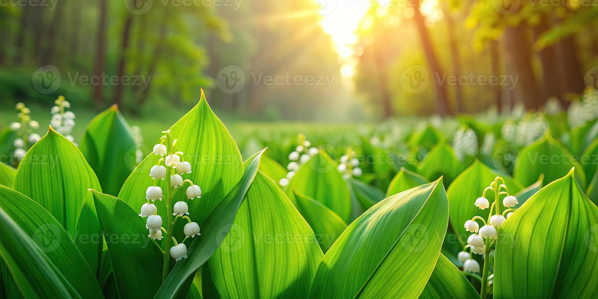 Lily of the Valley, field, long shot,vivid, forest, sun, green, First Vivid Green Spring Forest Field of Lily of the Valley Lit by Sun Long Shot photo