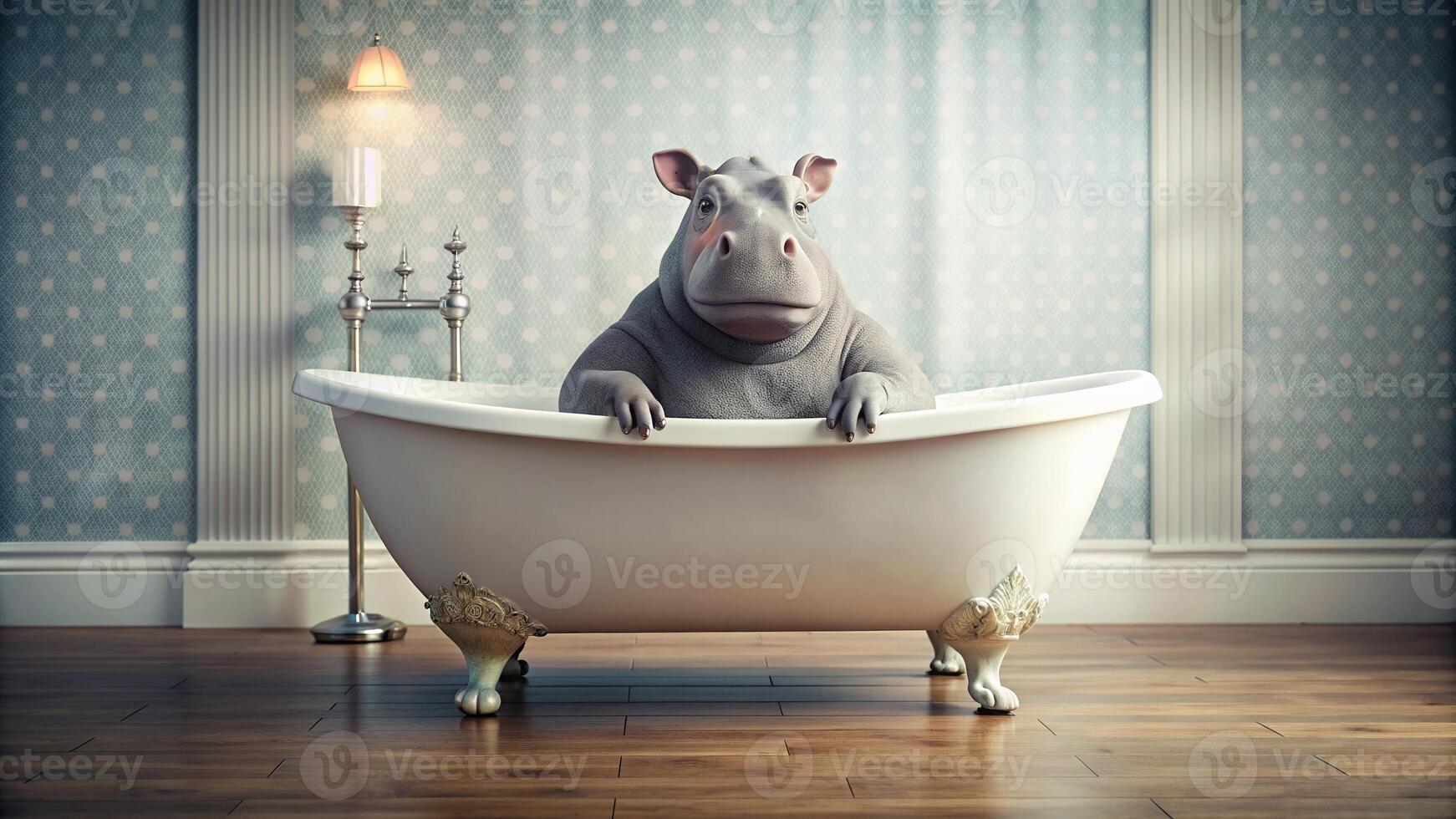 cleanliness, animal, bathroom, cozy, bathtub, bubble bath, domestic, hygiene, A grey hippo happily sits in a white clawfoot bathtub filled with bubbly water in a brightly lit bathroom photo