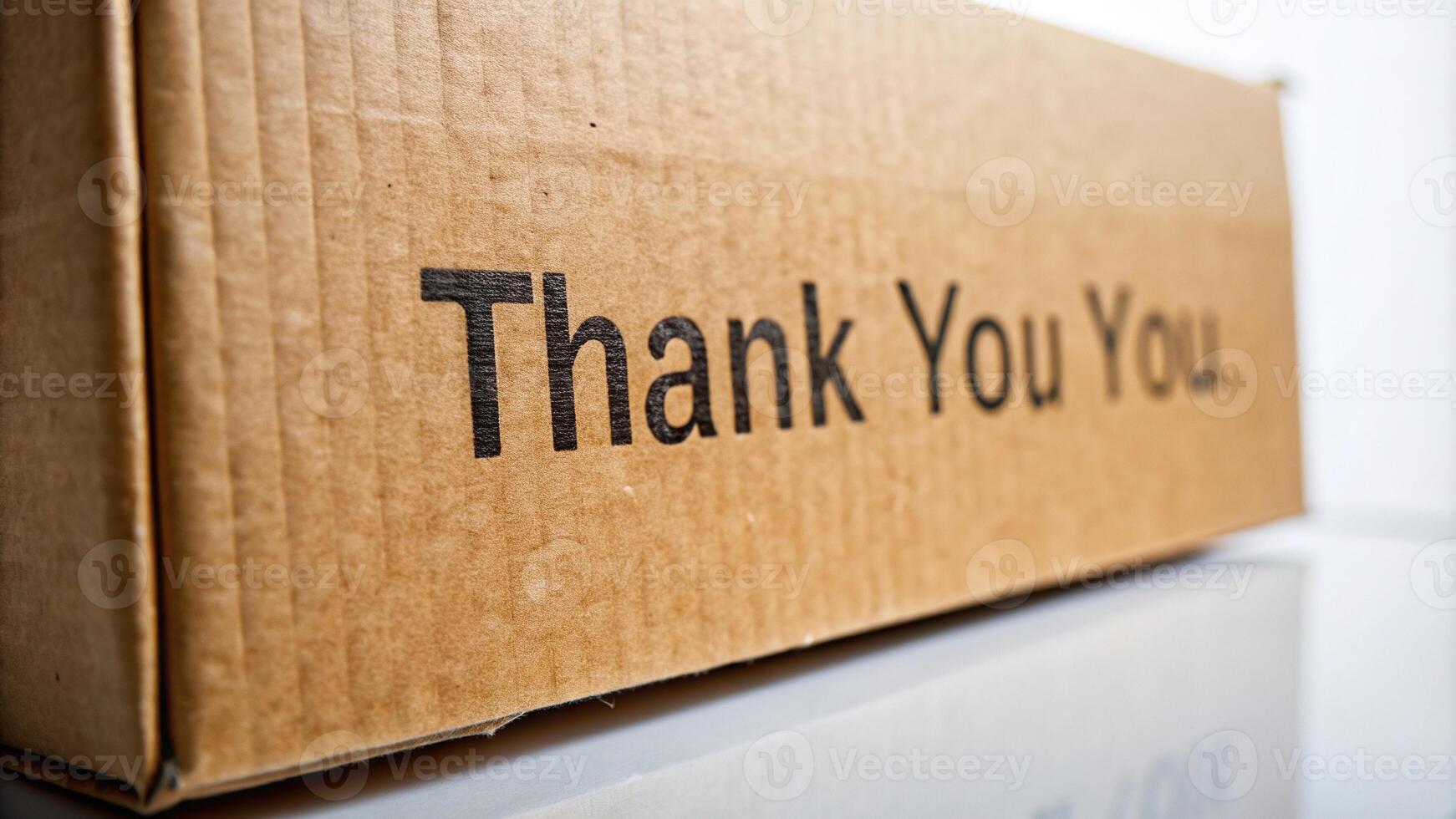 close-up, words, packaging, A close up shot of a cardboard box texture with the words Thank You written on it captured from a worm s eye view against a plain white background photo