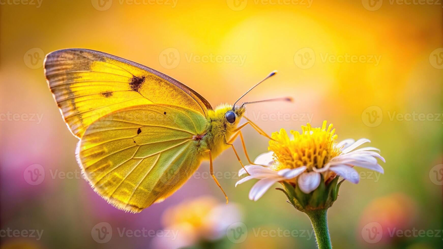 outdoor, close-up, nature, summer, flora, close-up, vibrant colors, insect, Macro shot of a vibrant yellow butterfly perched on a delicate flower with a softly blurred background photo