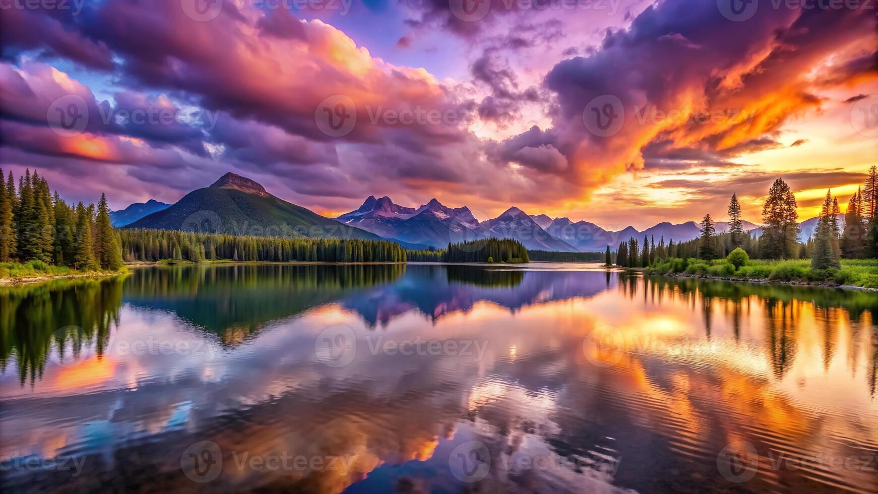 A breathtaking panoramic landscape featuring a vibrant purple sky at sunset casting a warm and enchanting glow over a tranquil mountain lake creating a captivating twilight scene, serene photo