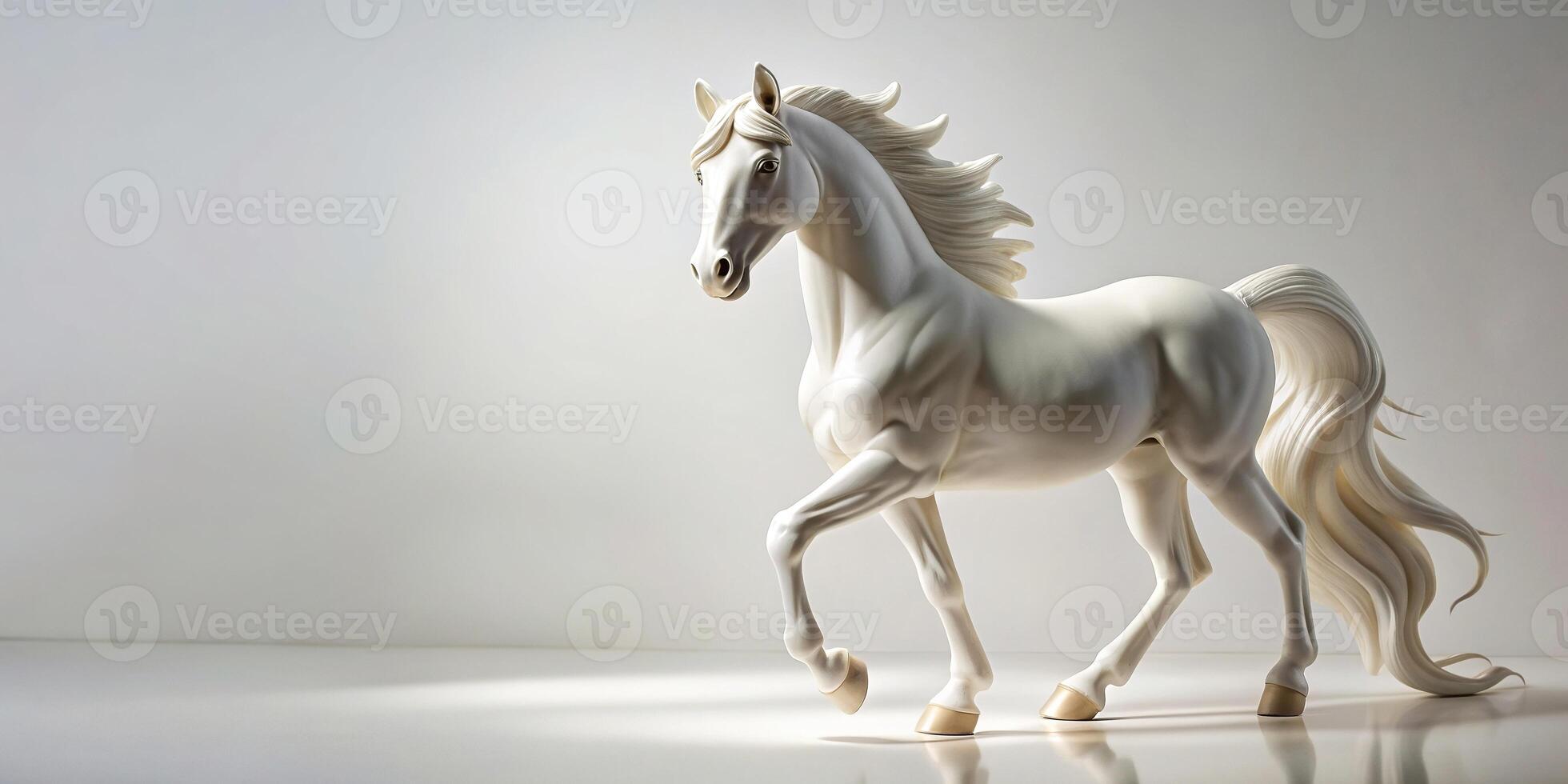 Statuette of a majestic white horse photographed from a forced perspective against a white background, statue, art object, forced perspective, gift idea,statuette, collectible photo