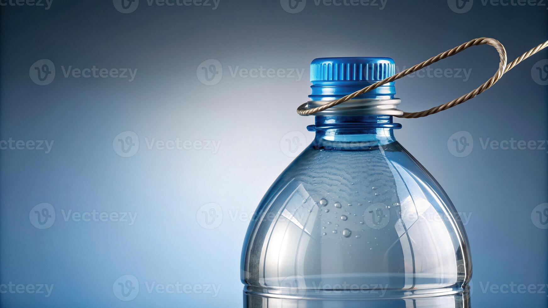drink, clean,plastic bottle, plastic, convenience, blue, aqua, tethered cap, single-use, hygiene, Detail of a plastic bottle with a tethered cap photographed from a worm s eye view photo