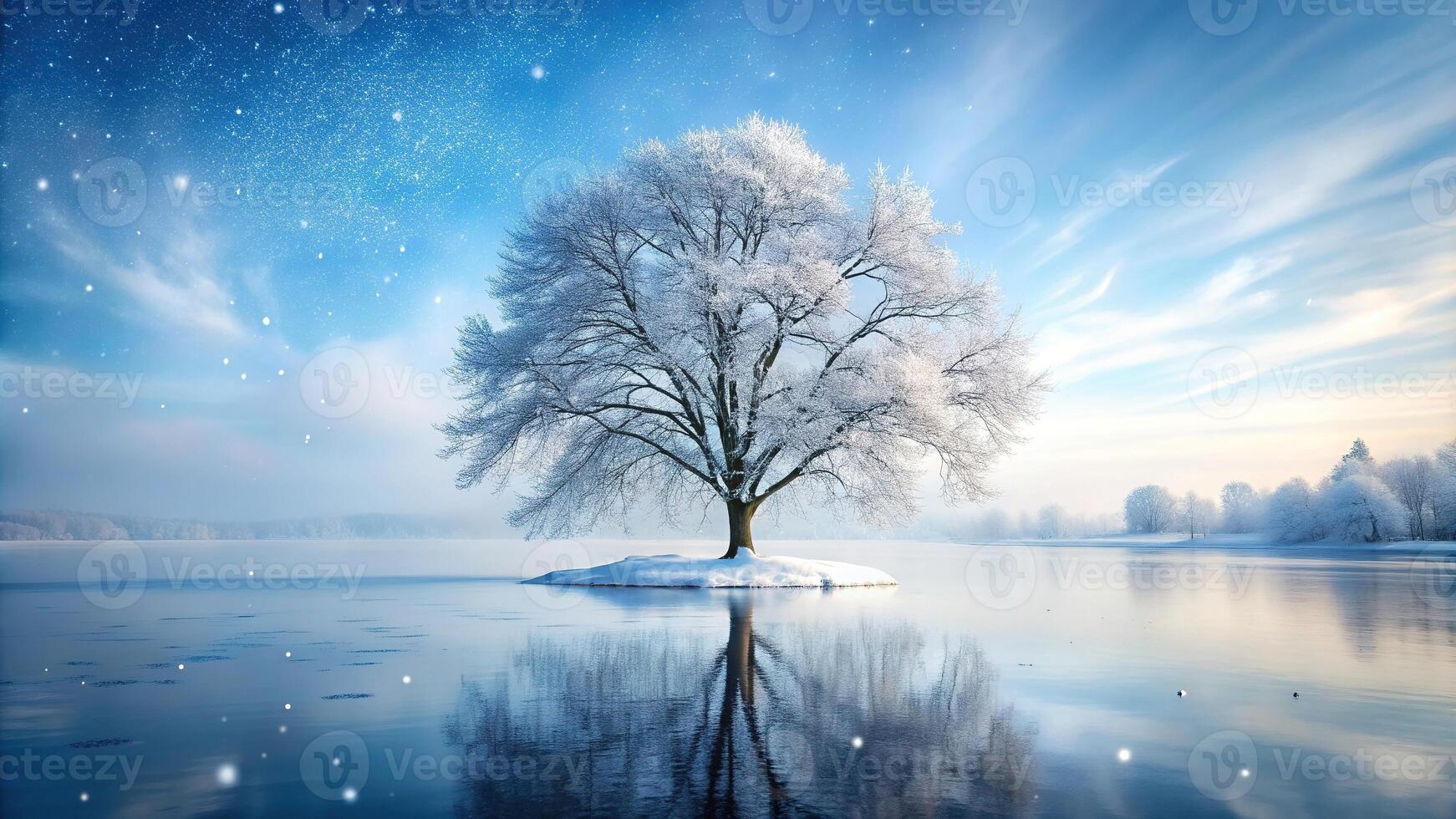 snowfall,tree, lake, delicate, wonderland, winter, serene, Tree on a serene frozen lake nestled in a winter wonderland with delicate snowfall gracefully descending from the monochrome sky photo