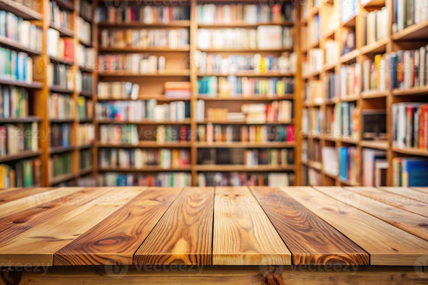 Empty wooden table top with blurred bookshelves in the background of a bookstore macro shot, bookstore, library, background, blurred, design, furniture, book, literature, wooden table photo