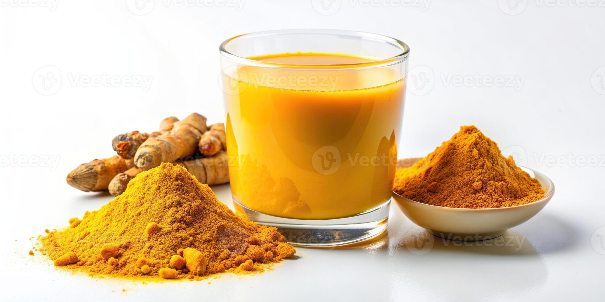 A stock photo featuring a symmetrical composition of turmeric water and turmeric powder on a plain white background creating an aesthetically pleasing and visually appealing image, water
