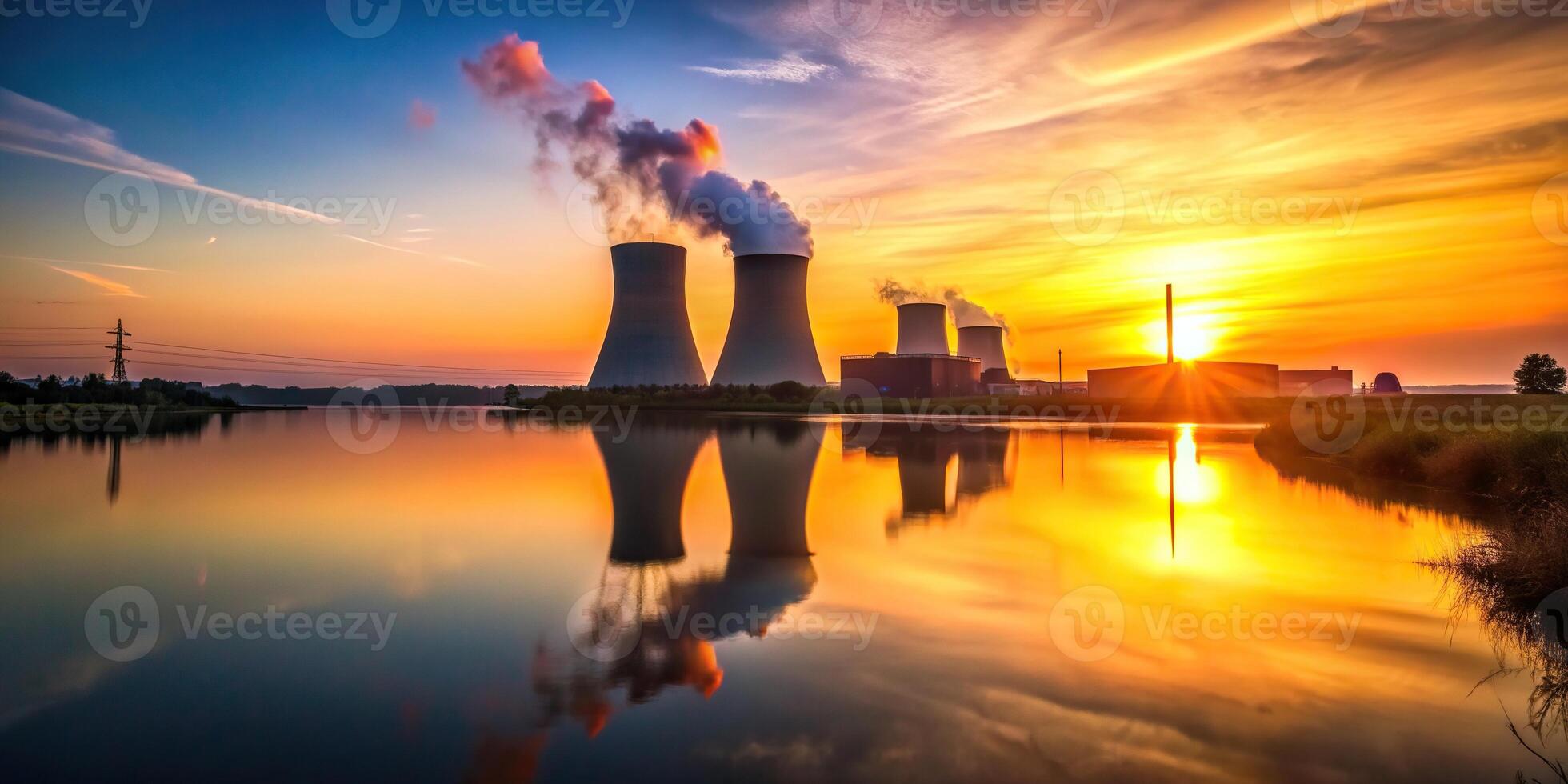 A stunning image of a nuclear power plant standing tall against the vibrant sky during sunset casting a captivating silhouette by the tranquil river, dusk, sky, power, clouds, electricity photo