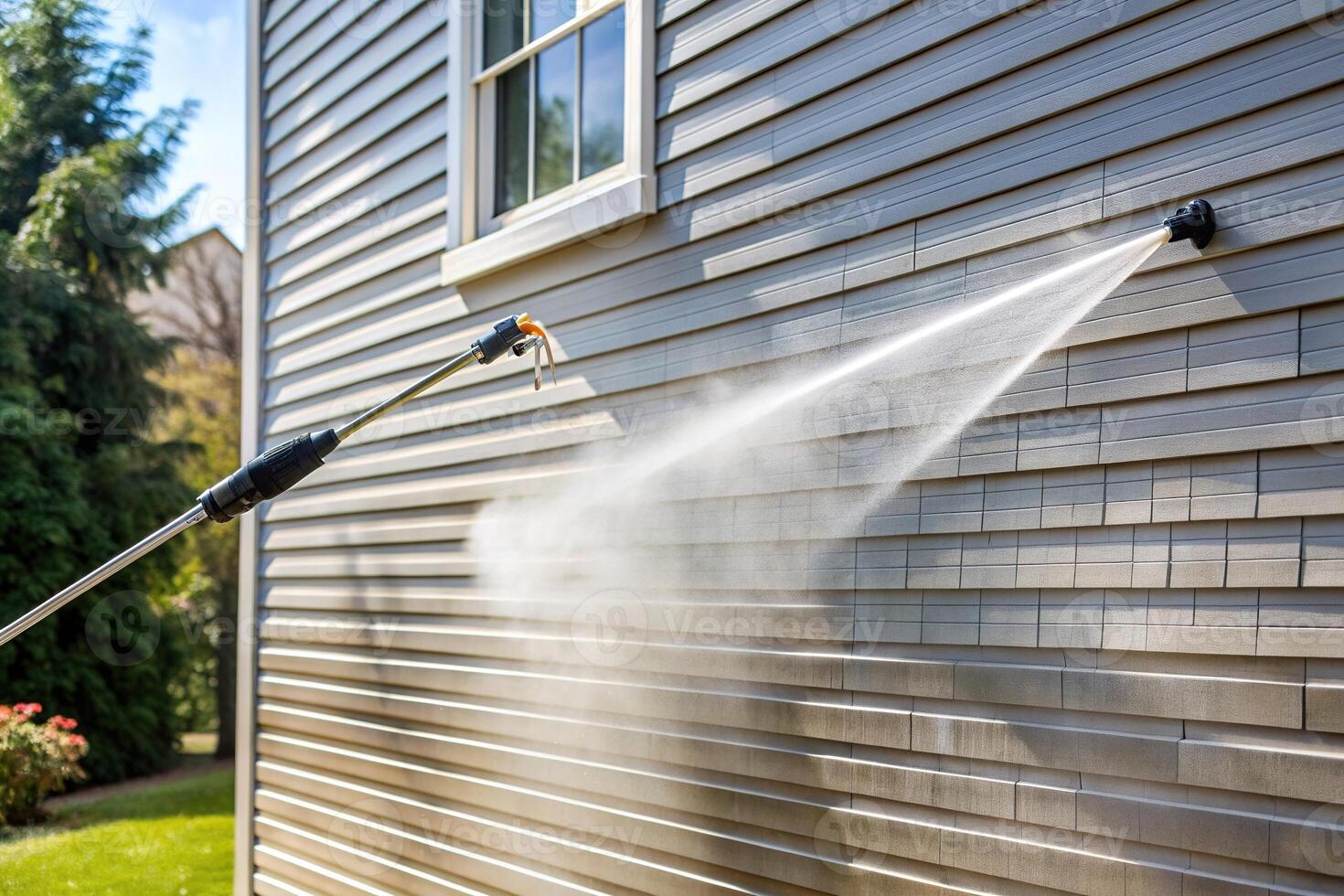 A power washer cleaning the siding of a house using high pressure water jets, white wall, siding,power washer, outdoor, equipment, high-pressure, water pressure, spray gun photo