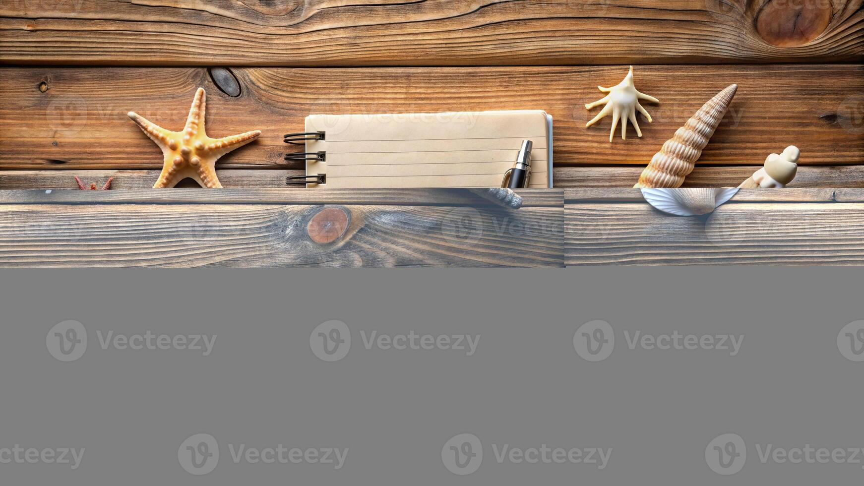 starfish, rustic, wood background, notebook, pen, Marine remembrances still life featuring a notebook seashell starfish and pen arranged on a rustic wood background at eye level photo