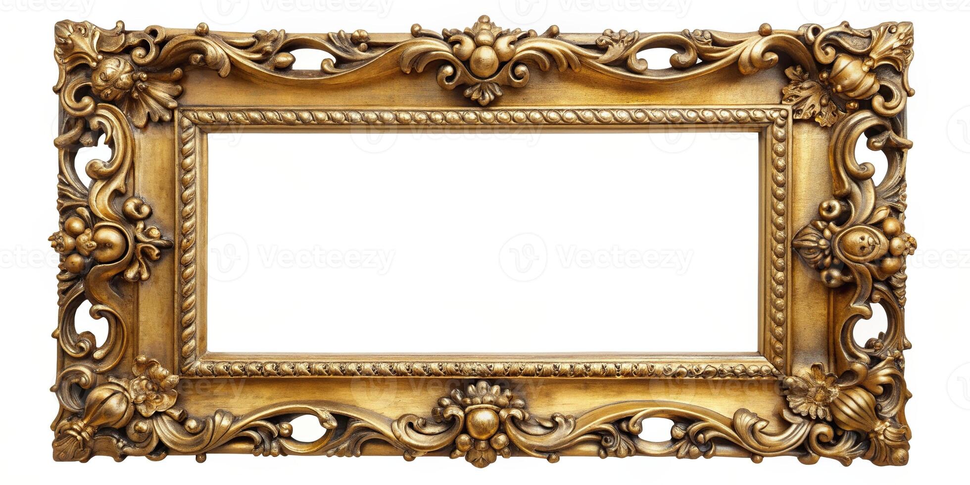 An antique gold frame with intricate detailing is displayed against a plain white background captured from a high angle, vintage, ornate, design, decor, luxurious, gold frame, museum photo