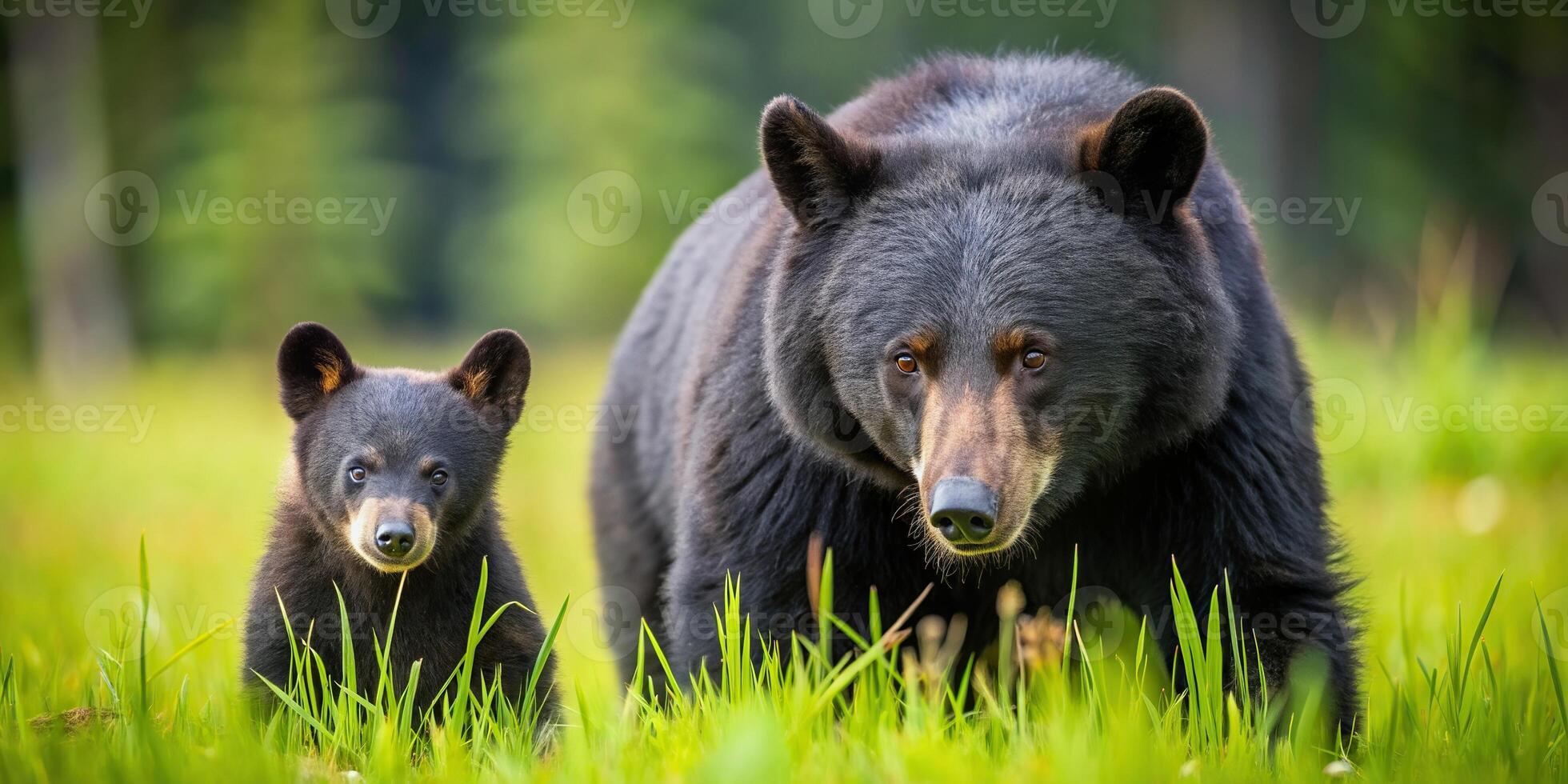 forest, field, wildlife photography, A close up shot of a mother black bear and her cub grazing in a field in Alaska captured from a worm s eye view perspective photo
