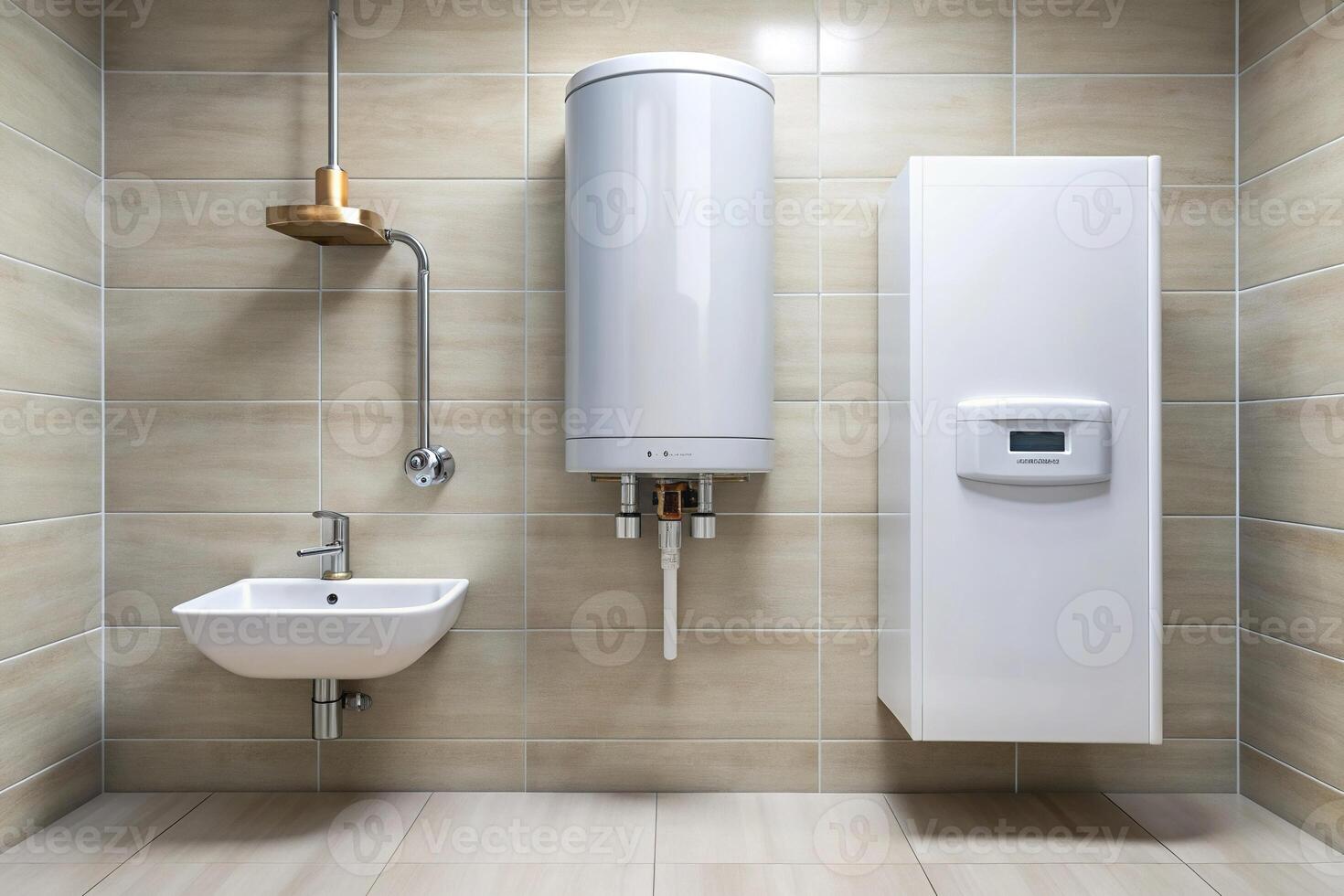 Smart storage water heater in the bathroom, space-saving, convenience, bathroom, technology, heating, temperature control, on-demand, innovative, modern, eco-friendly, saving energy photo