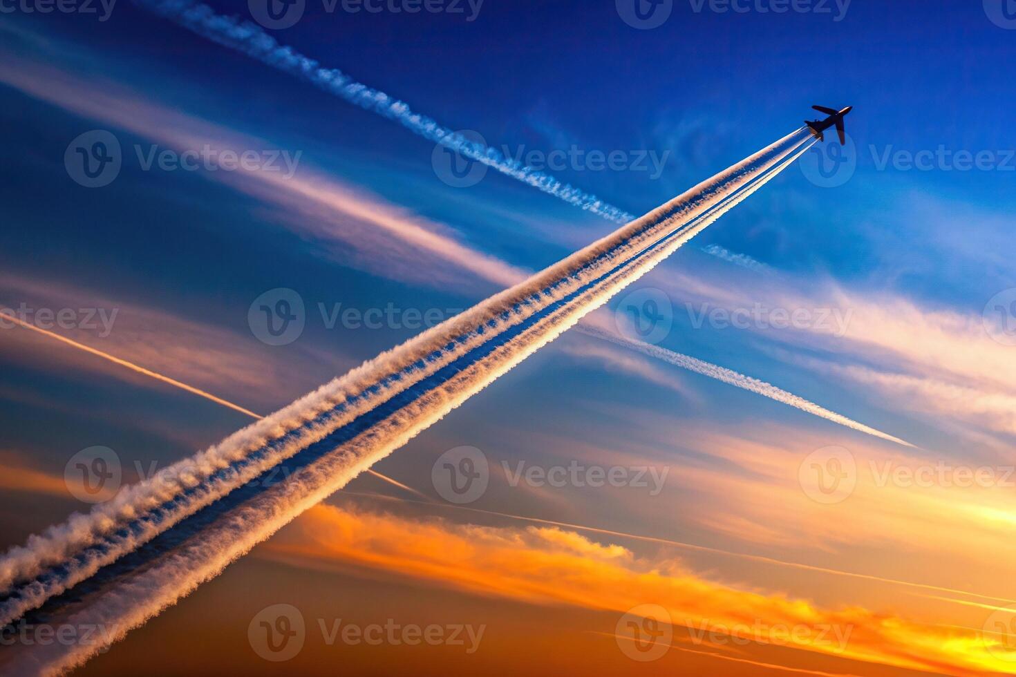 The photo shows an extreme close up view of the trace of a plane in the clear evening sky, aviation, vapor trail, sunset, transportation, clear, destination, sky, aerial, horizon, motion