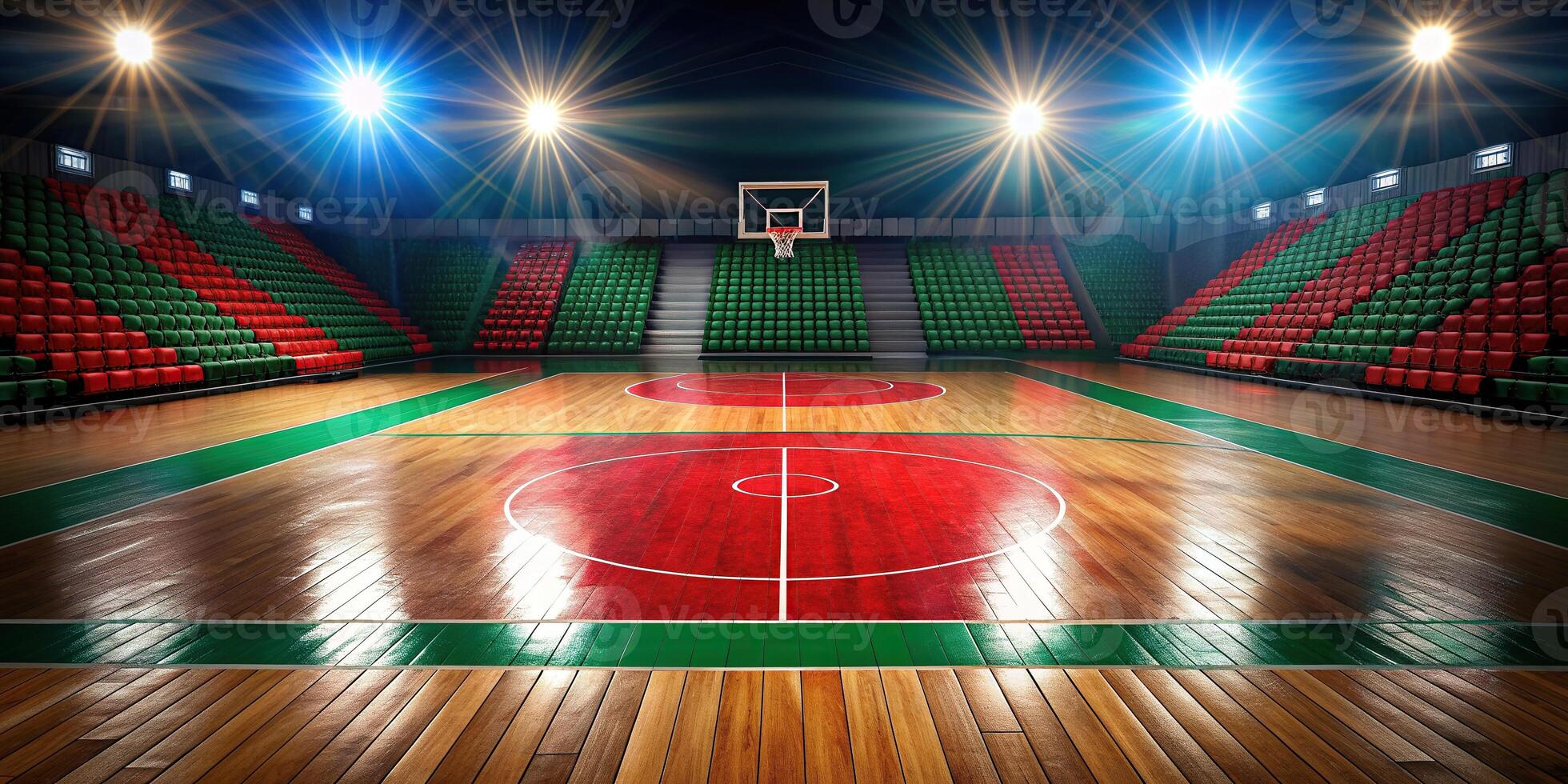 A stock photo of a basketball court with a red and green court design in forced perspective, basketball, forced perspective, lines, game, court, abstract, perspective, hoops, sports
