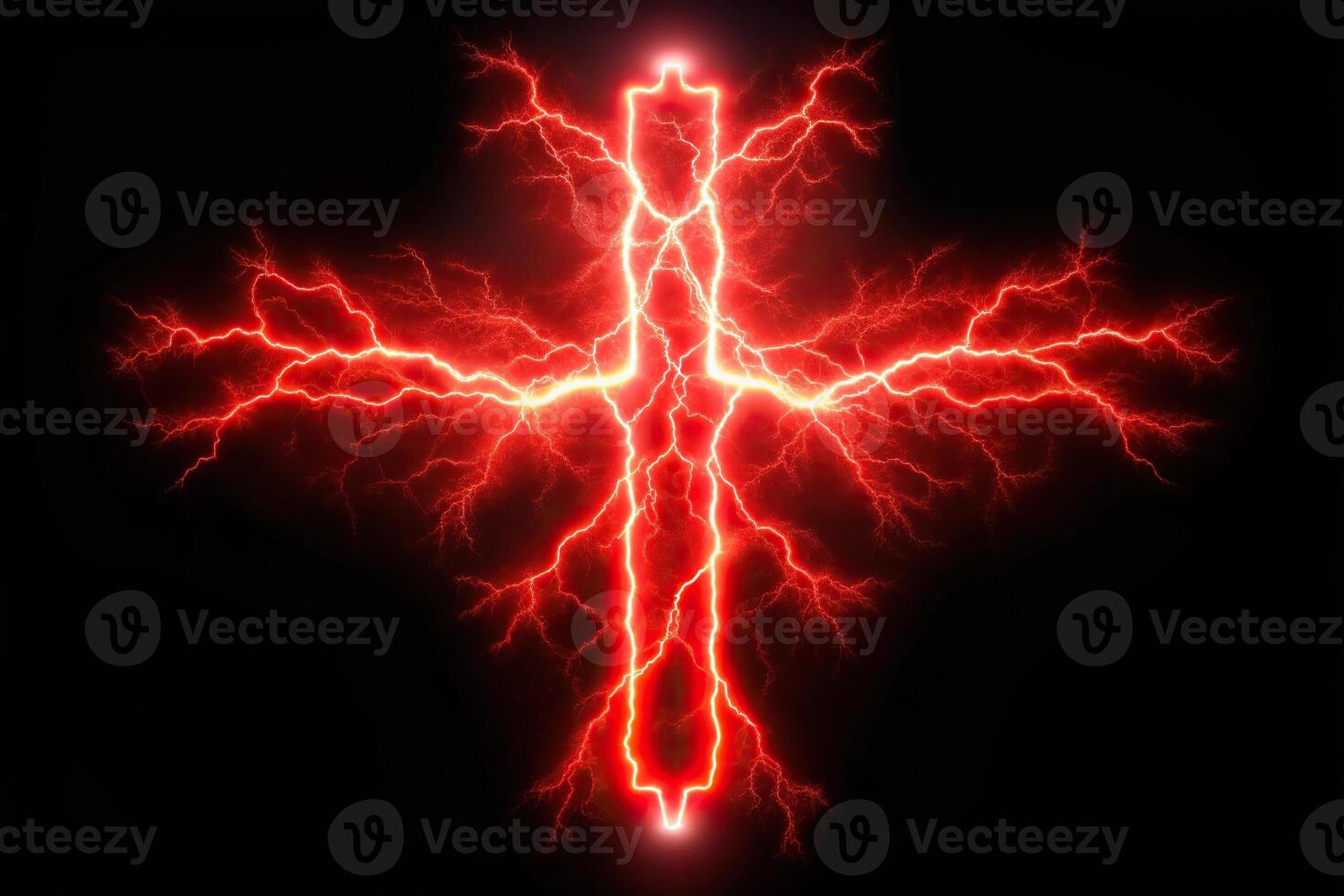 Abstract red lightning bolt crossing over a black background in fisheye perspective photo