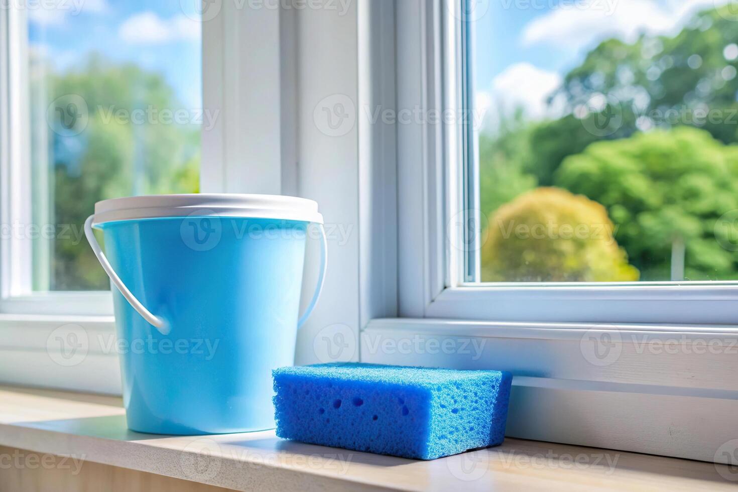 A white windowsill with cleaning products and bucket viewed from below photo