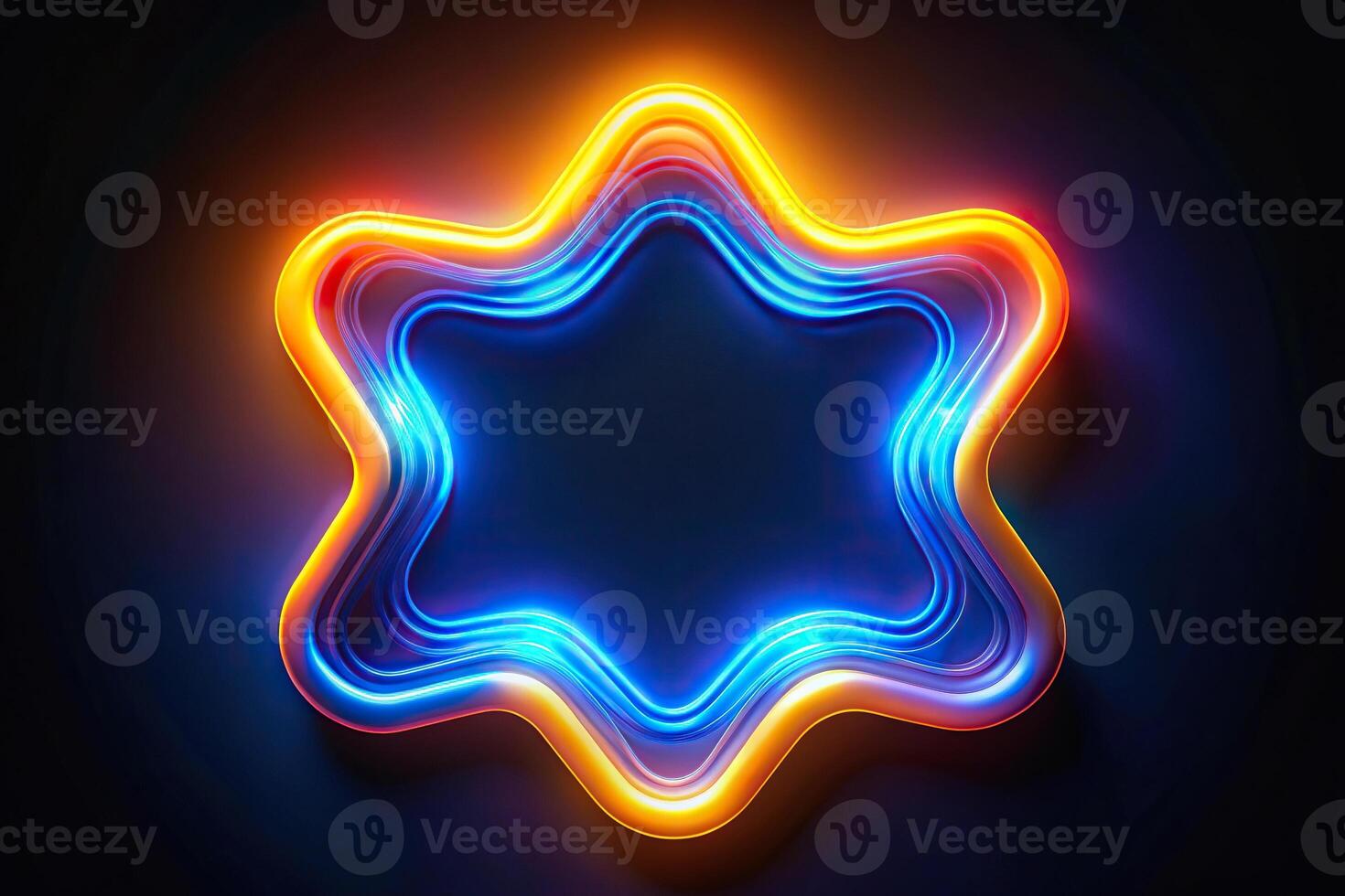 Abstract silhouette design with neon blue, yellow, and orange colors on a black background photo
