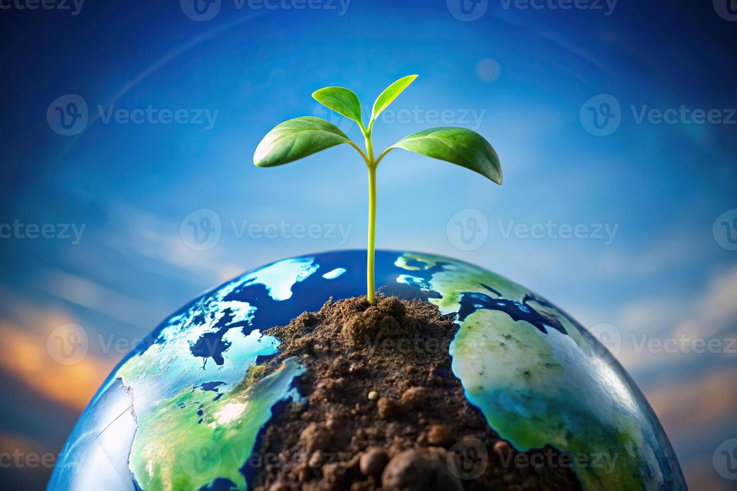 Abstract sprouting plant, earth globe, nature, environmental conservation, sustainable growth photo