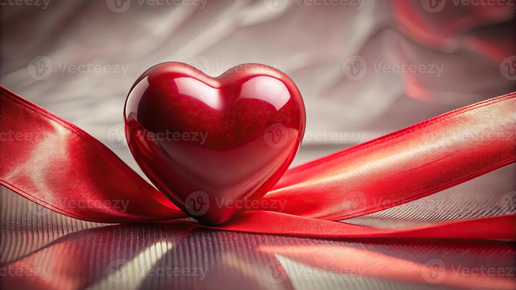 abstract red glossy heart with satin ribbon on background, perfect for gift and romance concepts photo