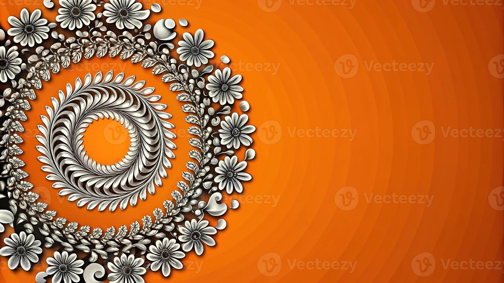 Abstract seamless pattern with black and white spiral twisted circles on orange background, retro style photo