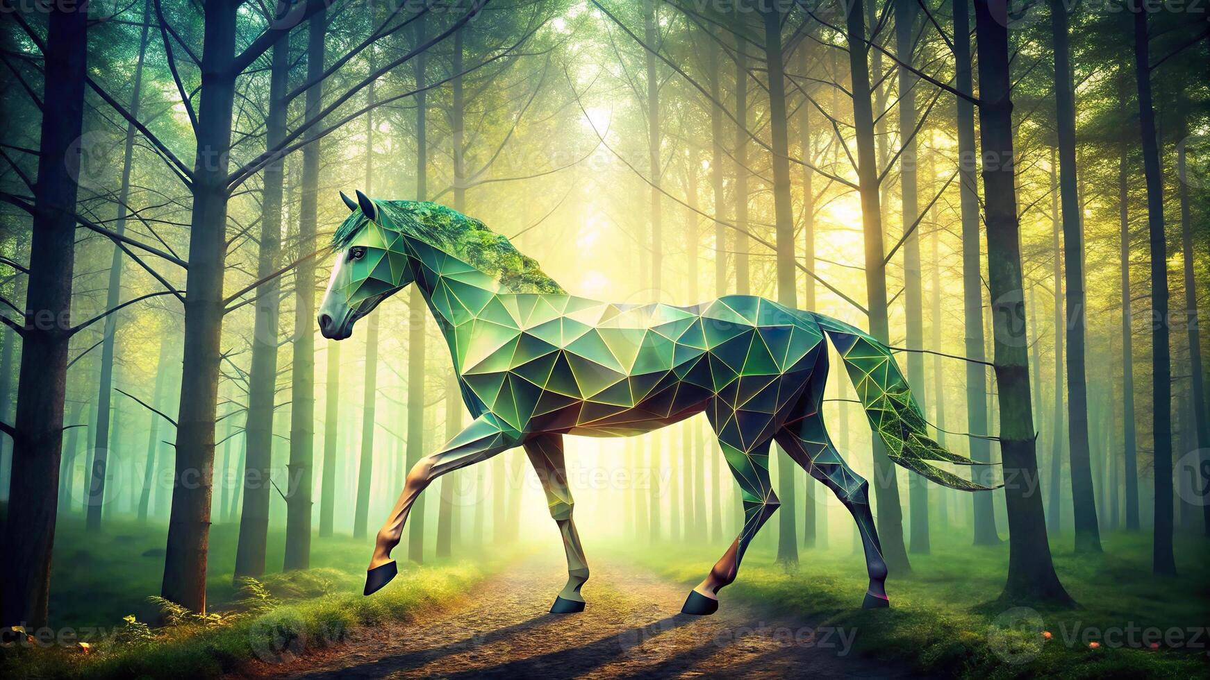 Abstract representation of a forest horse using geometric patterns and ethereal colors photo