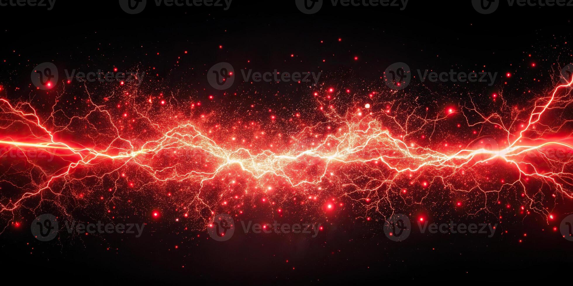 Abstract red glowing light particles and lightning sparks on black background photo