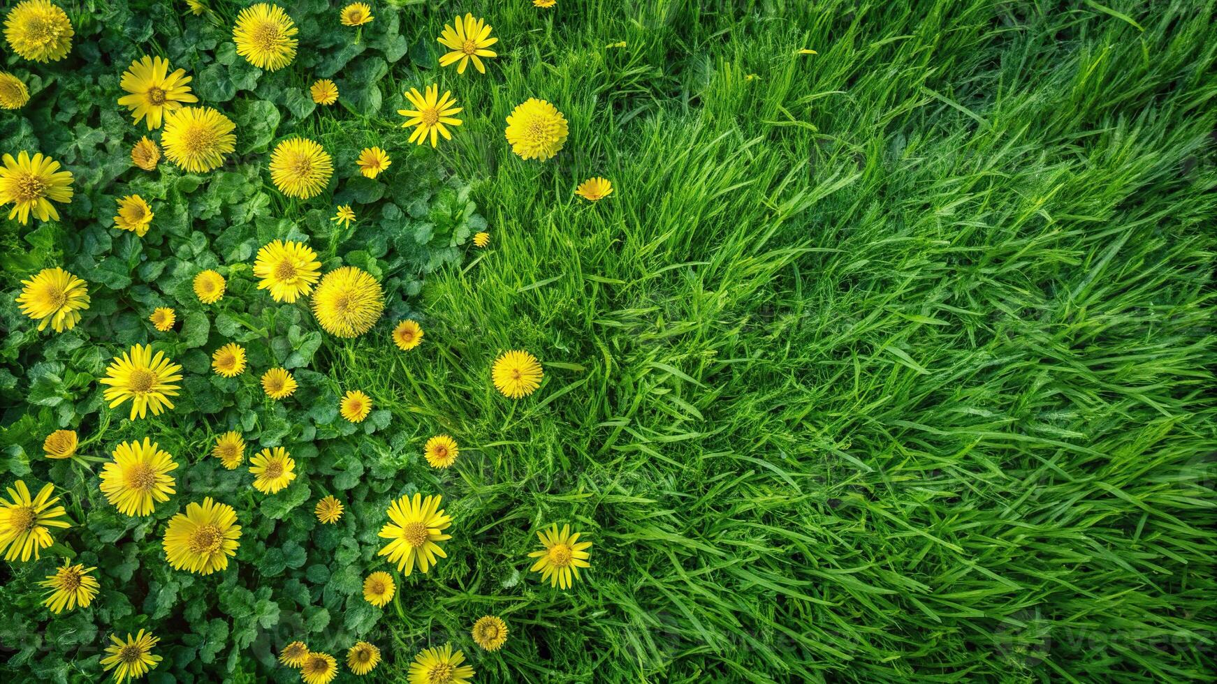 Abstract spring or summer background with green grass and yellow flowers from high angle view photo