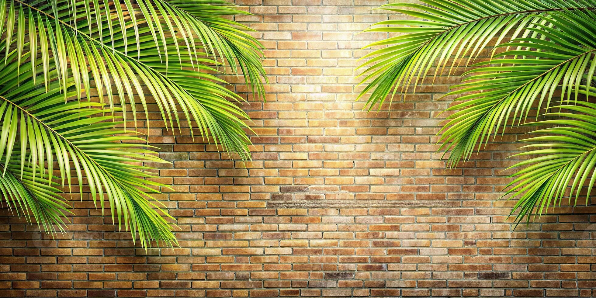 Abstract summer background with palm leafs and brick wall leading lines photo