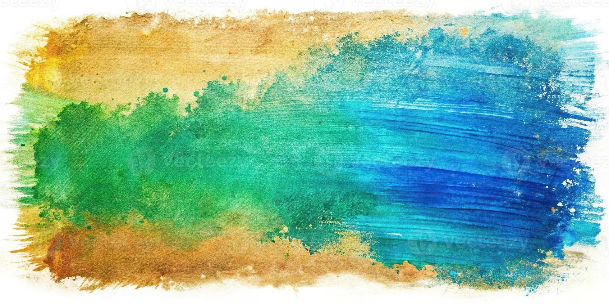 Abstract watercolor background with blue, green, and beige brush strokes reflected in oil pastel photo
