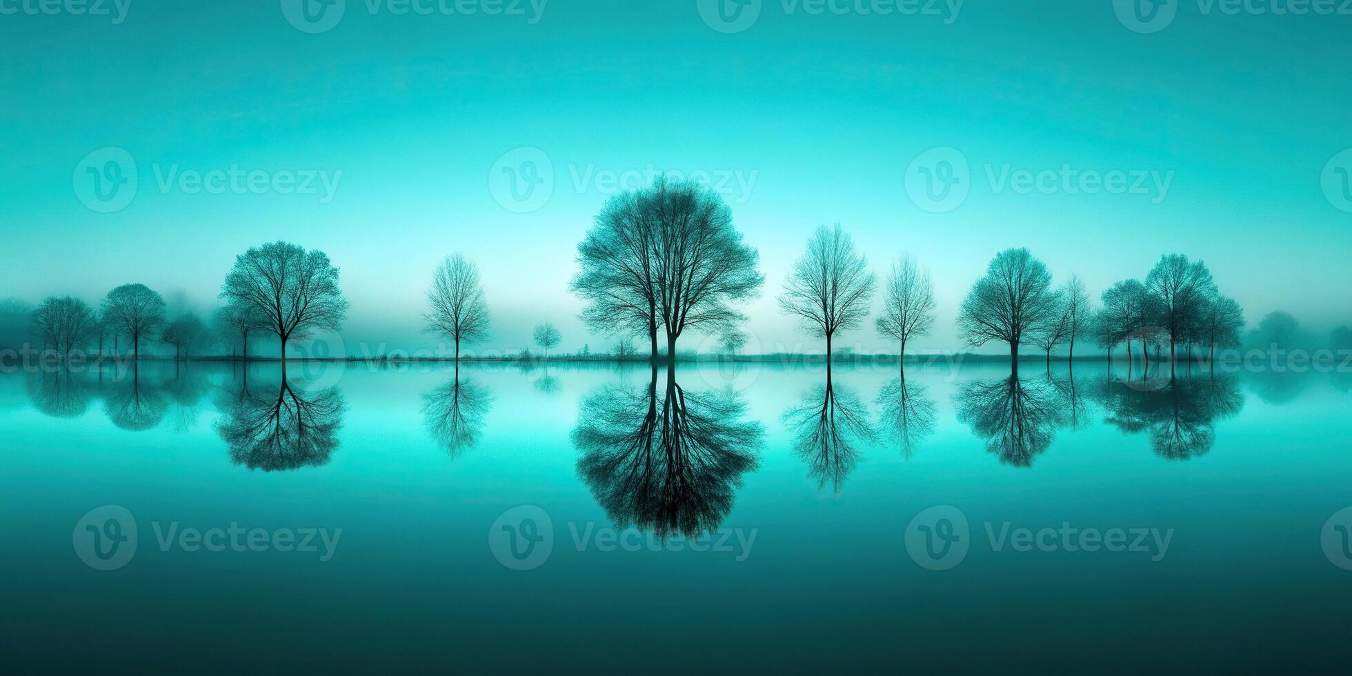 Abstract teal landscape with silhouetted trees reflected photo