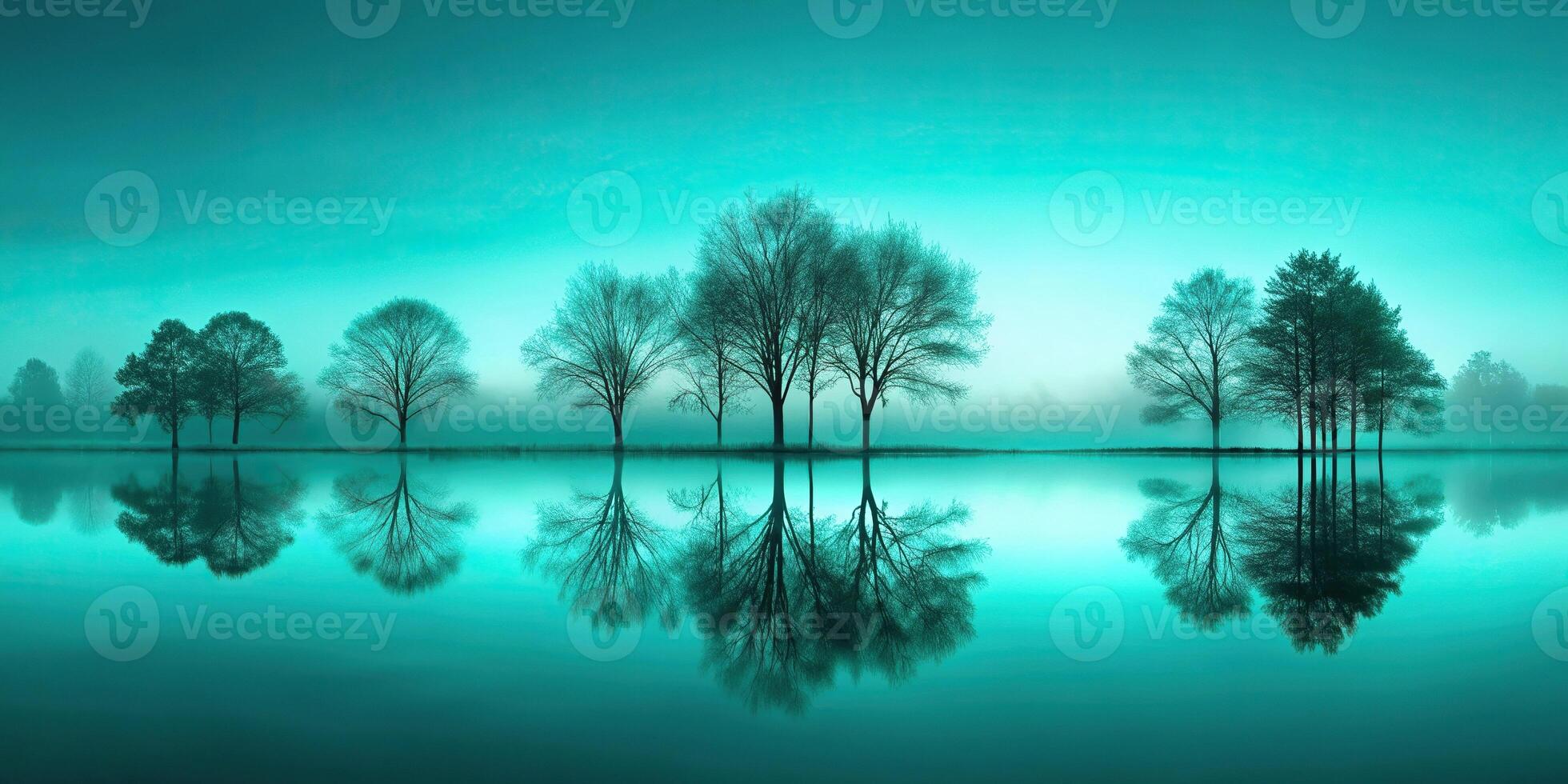 Abstract teal landscape with silhouetted trees reflected in water photo