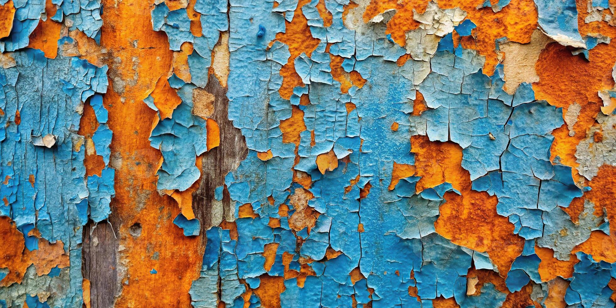 Abstract texture of peeling blue and orange paint with long shot photo