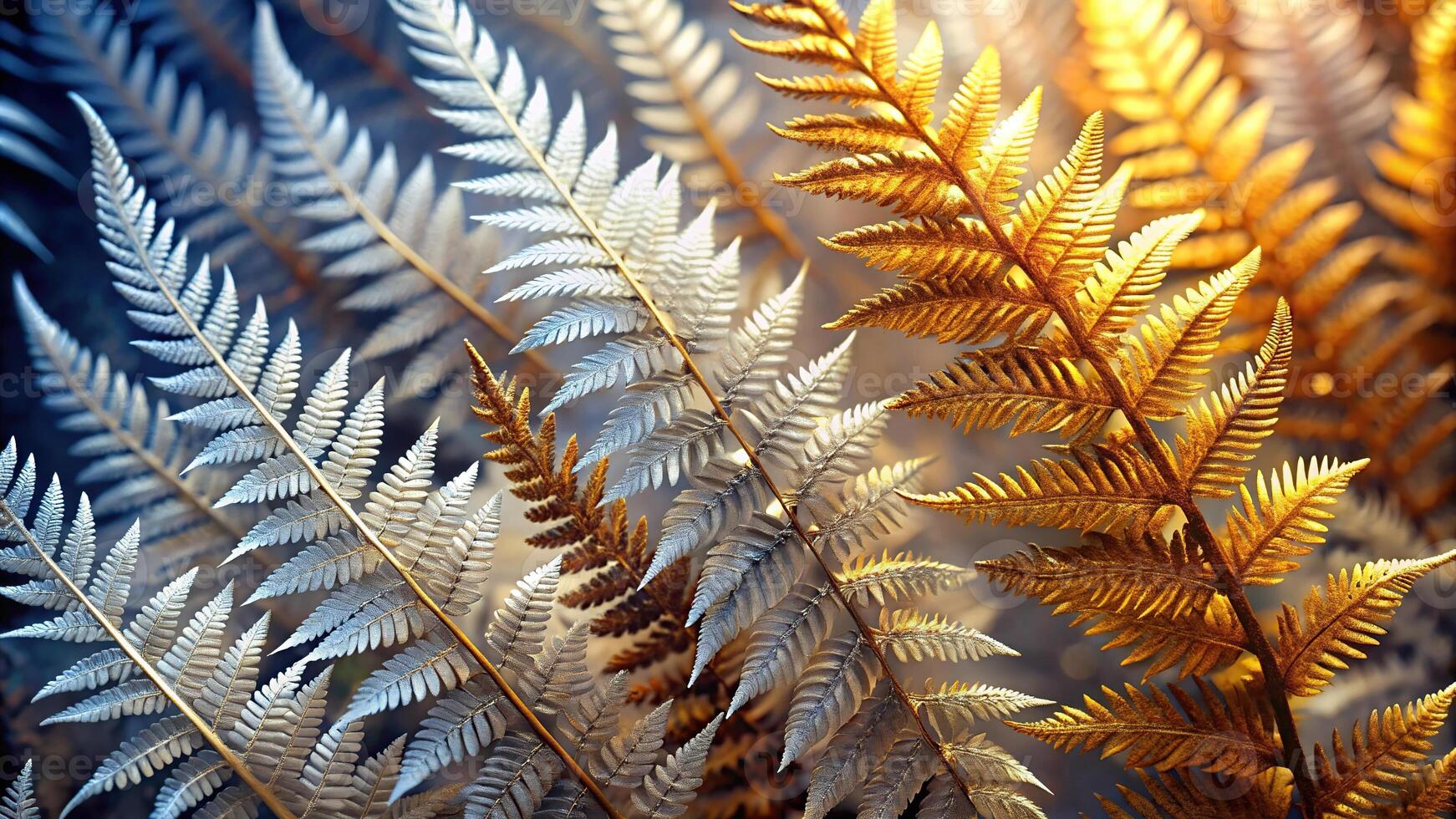Abstract wallpaper with colorful fern leaves and feather abstractions in gold and silver colors photo