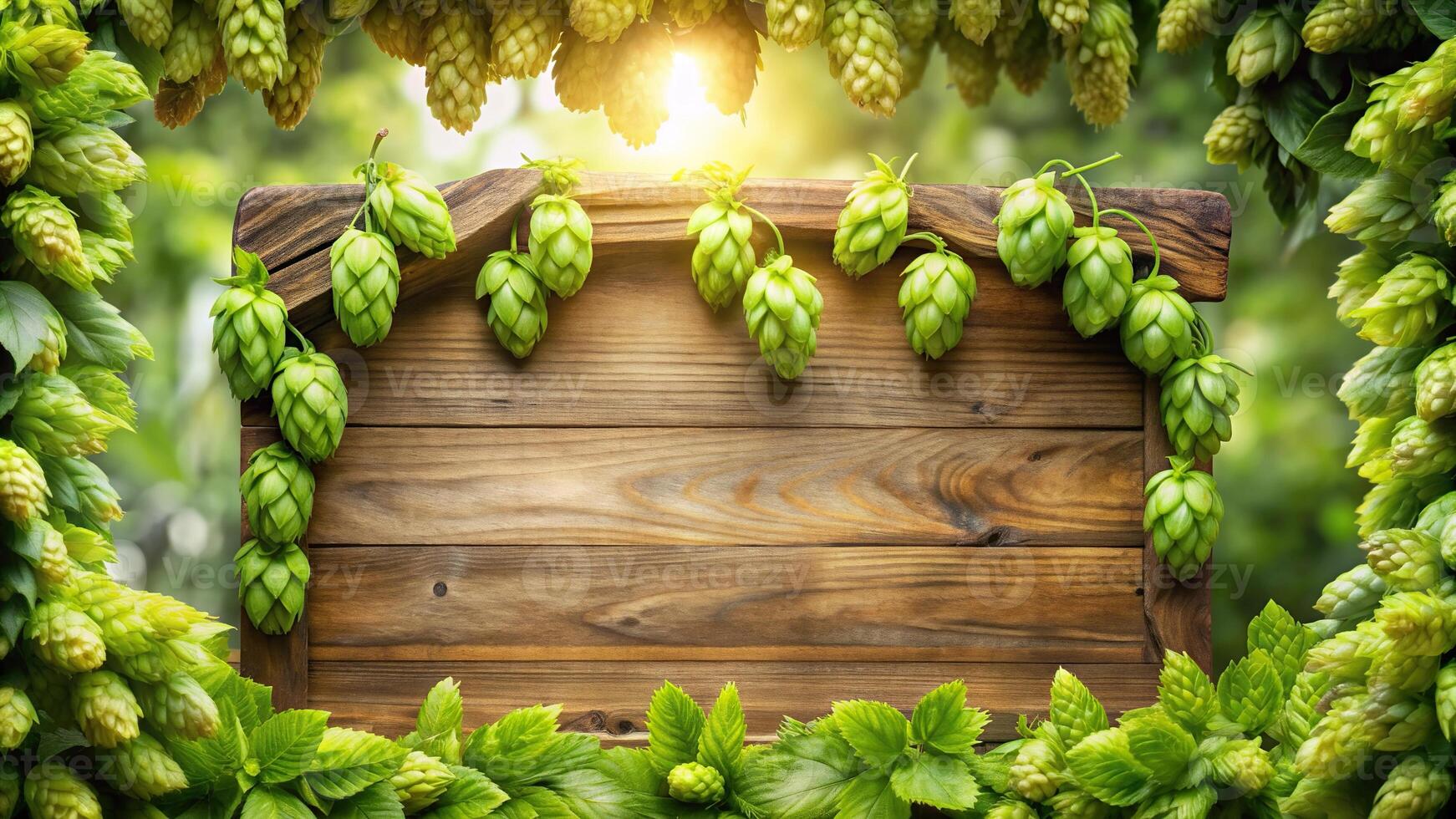 green hop, lettering, reflected,wooden board, sheet, Wooden board with sheet and lettering Oktoberfest frame of green hop reflected photo