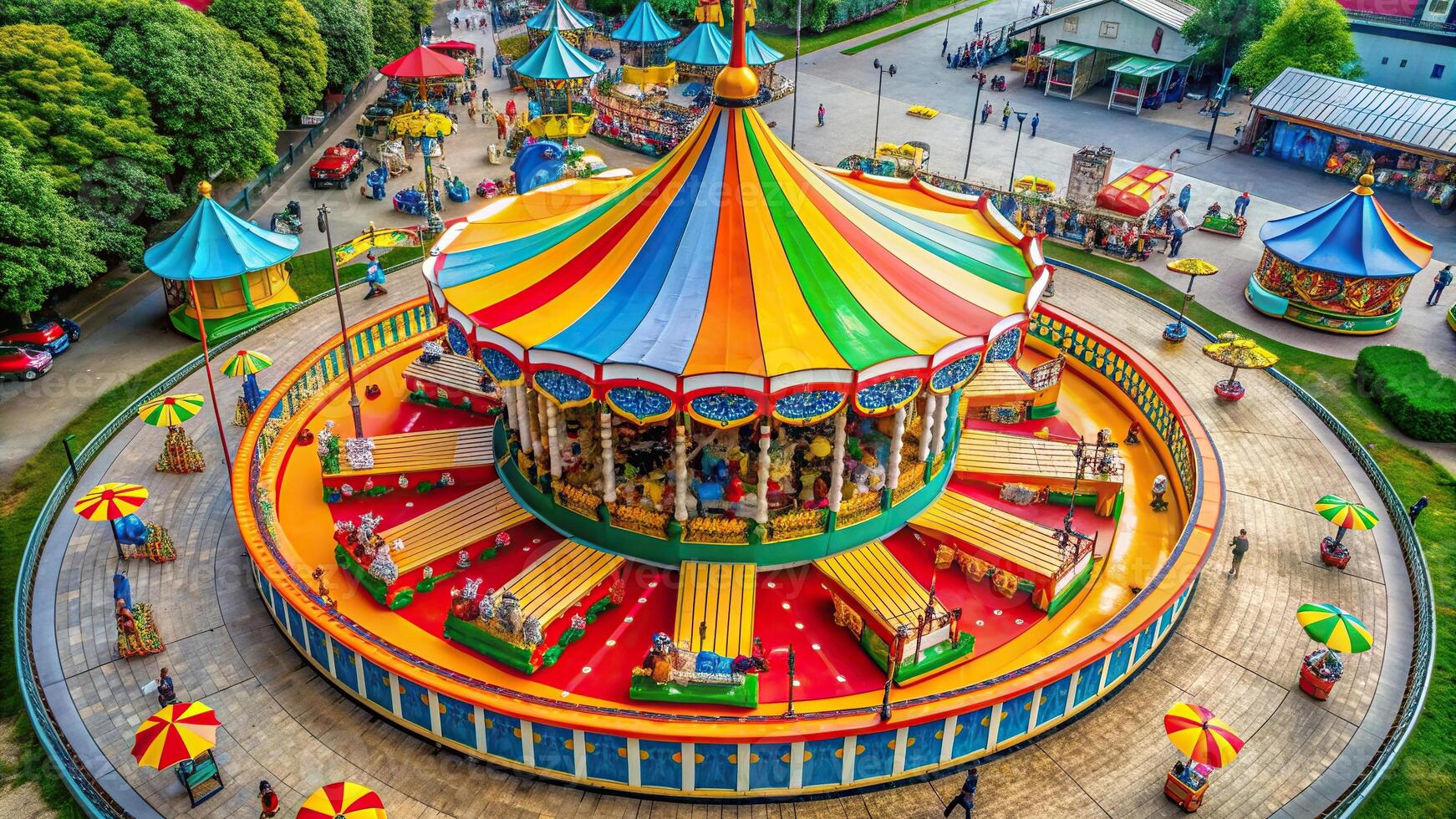 ride, aerial, nostalgia, view, amusement park, shiny, colorful, vibrant, attraction, entertainment, leisure, outdoors, Aerial view of a colorful merry go round carousel ride at a funfair photo