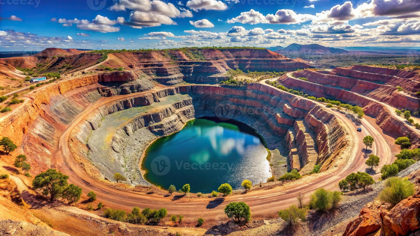 Panoramic view of the historic Kimberly diamond mine a world heritage site, iconic structure, mining, machinery, mining tools, South Africa, open-pit mine, colonial era photo