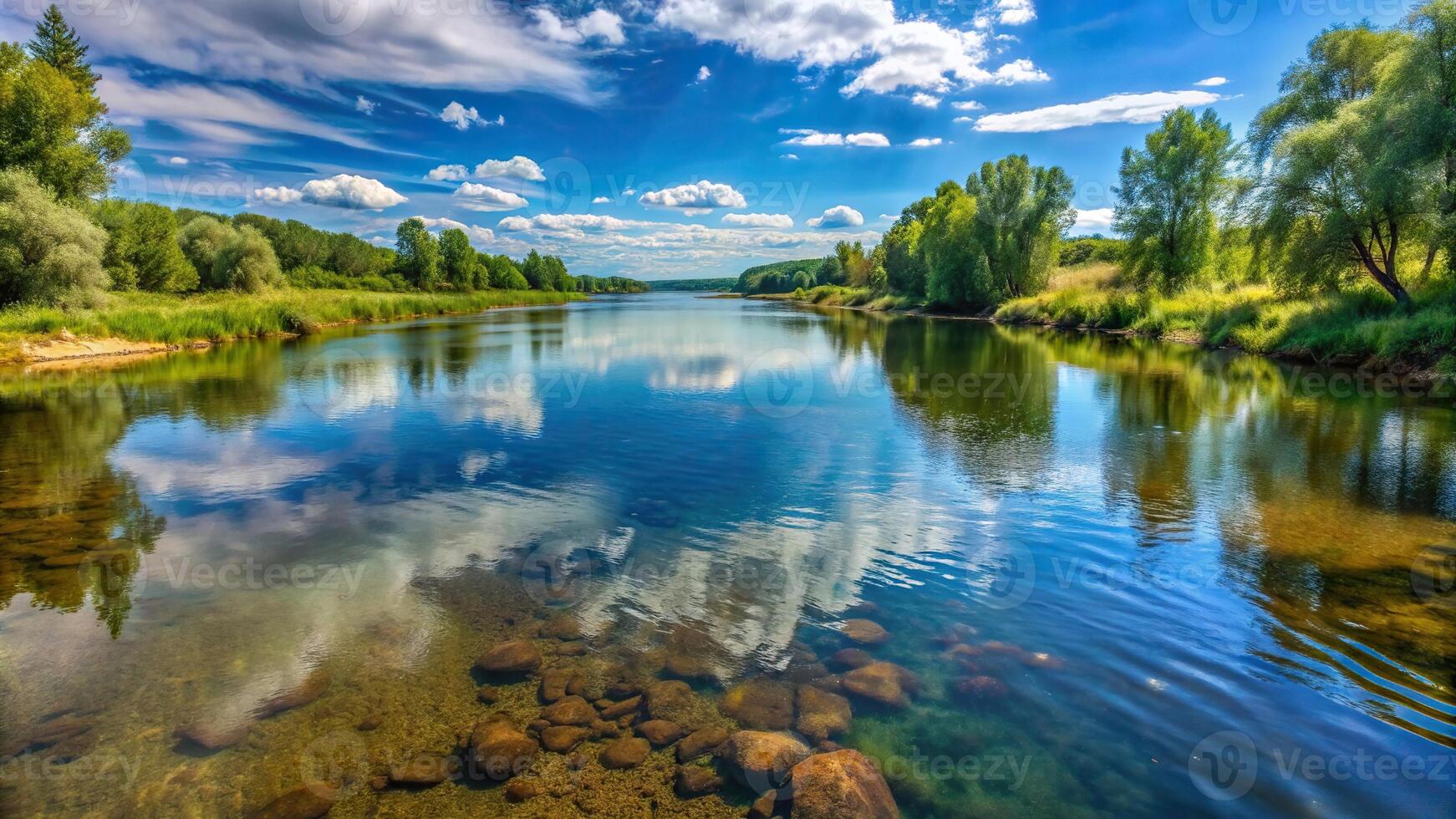 Mologa River, idyllic, A breathtaking long shot of the serene Mologa River near the settlement of Maksatikha showcasing its crystal clear waters and beautiful surrounding landscapes photo