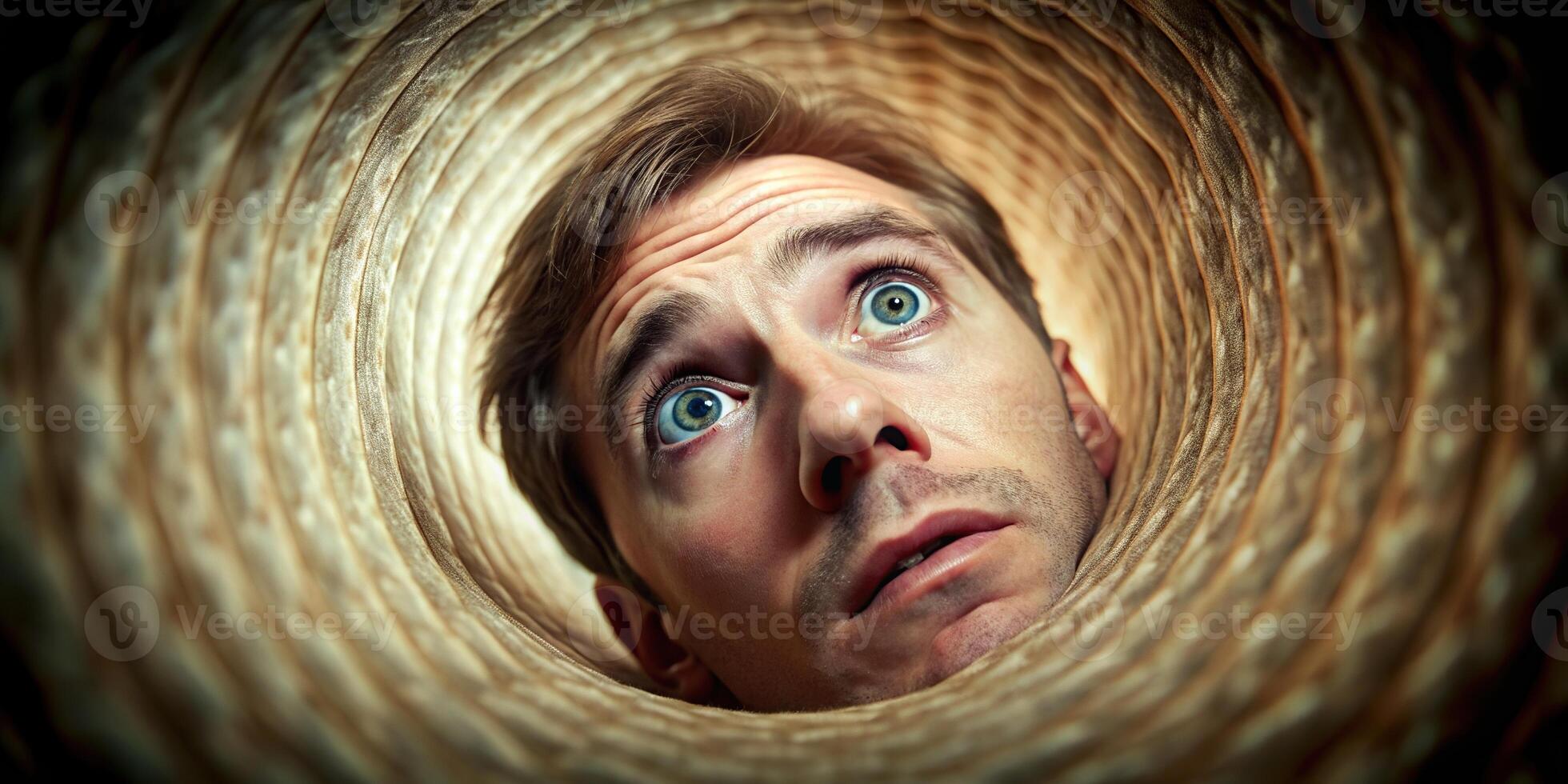 phobia, anxiety, A stock photo featuring a person with atychiphobia an anxiety or mood disorder as seen from a worm s eye view showing them looking up in fear and hesitation