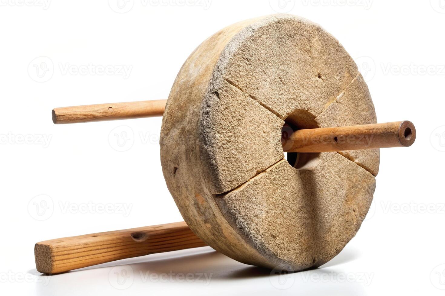 A close up of a prehistoric stone wheel with a wooden axle isolated on a white background, invention, historical object, wooden axle, historical,prehistoric, axle, neolithic, close-up photo