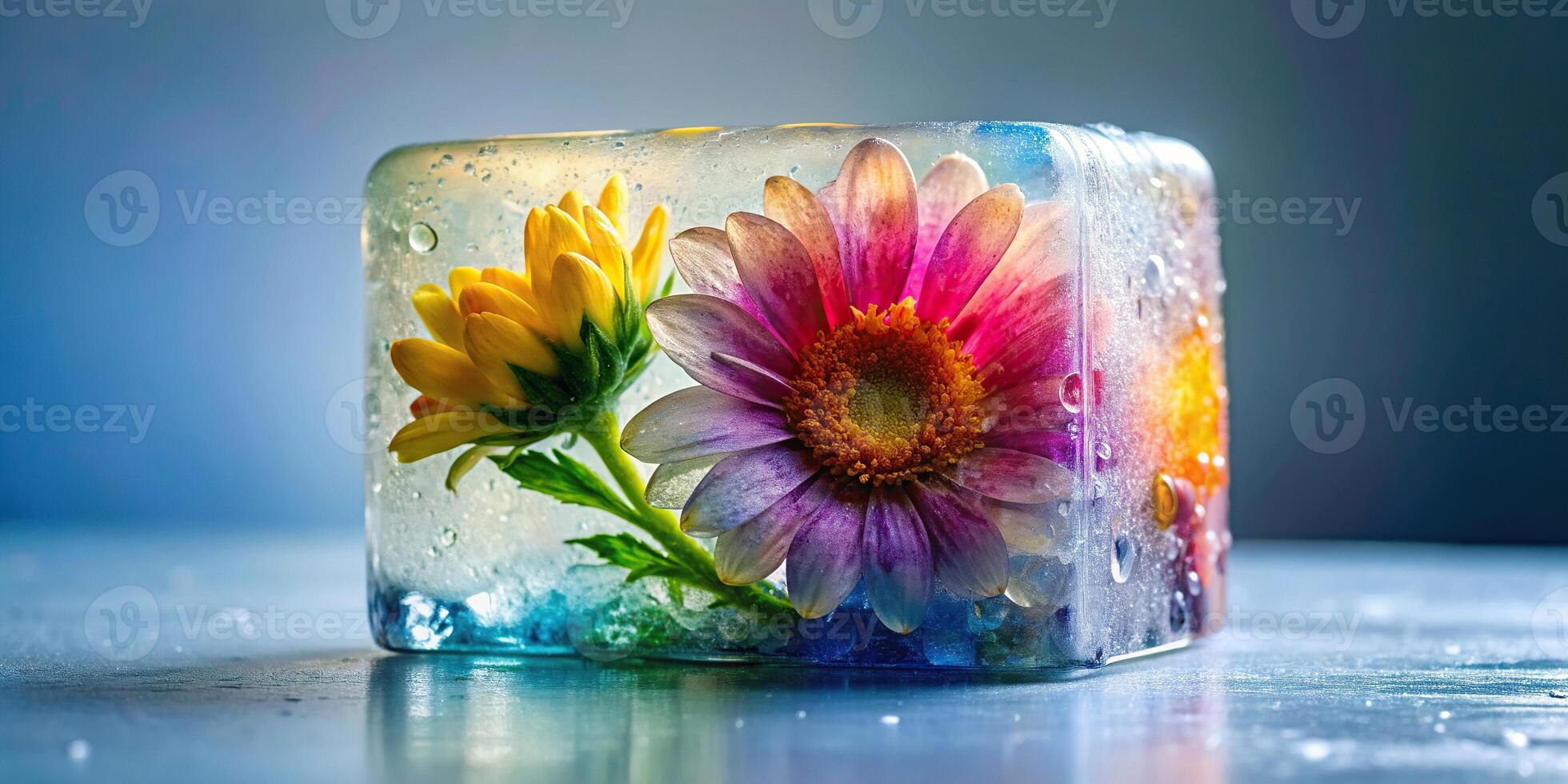 icy, vibrant, multicolored, frozen flower, close-up, freeze, delicate, artistic, framing, block, floral, ice, ice block framing, Multicolored flower frozen in a clear ice block framing photo