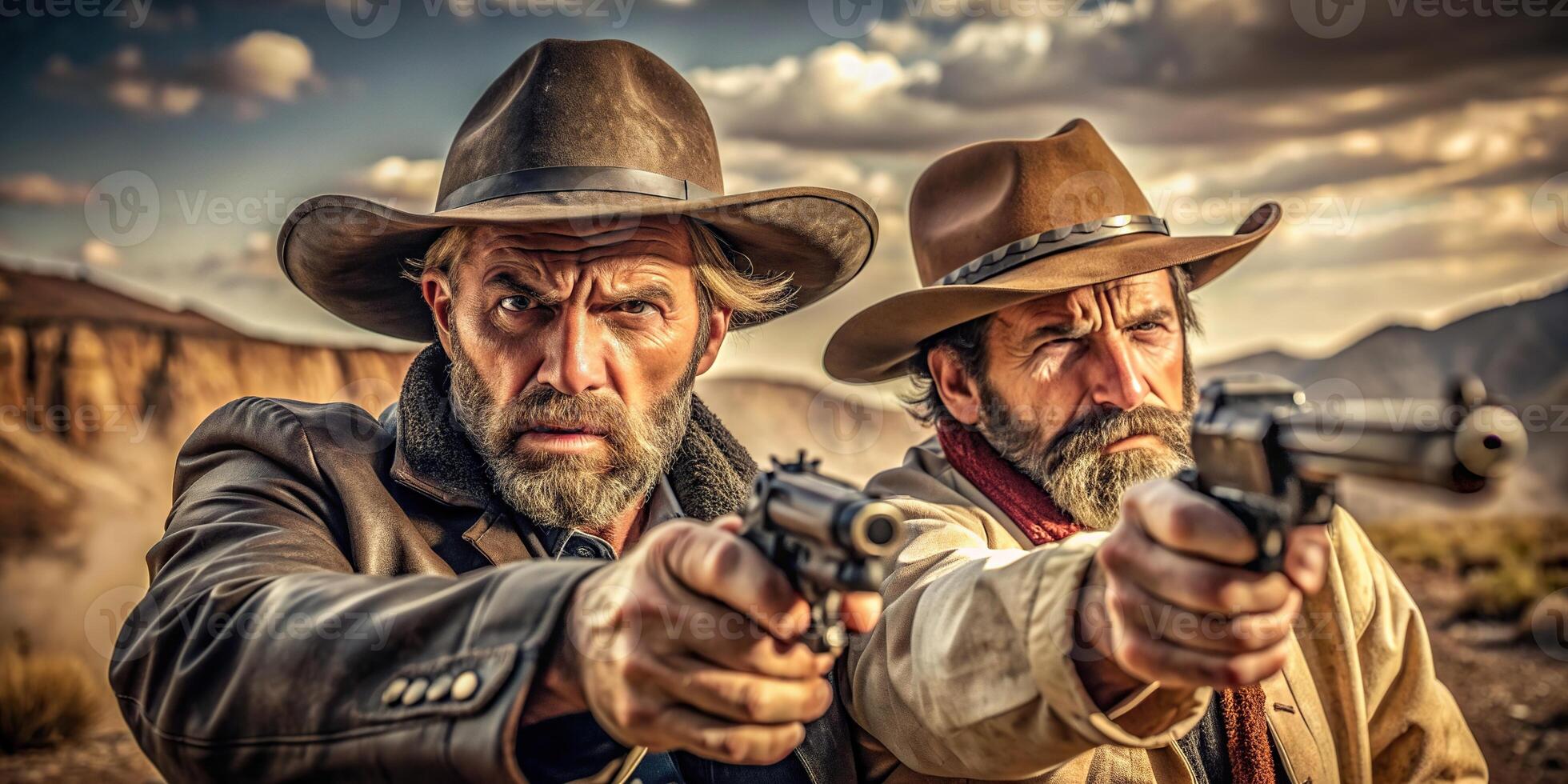 Close up of two rugged cowboys engaged in a dramatic gunfight in the Wild West, confrontation, weapons, duel, intense, shoot out, outlaws, showdown, gunfight, danger, desert, dangerous photo