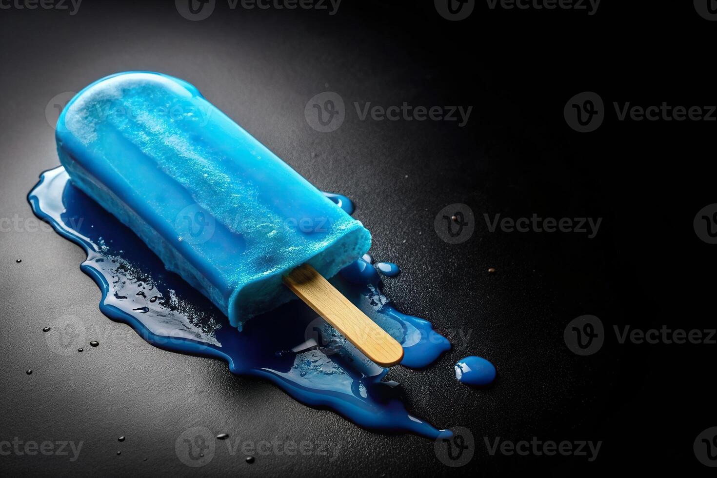 Blue melted popsicle ice cream on a black background captured with a wide angle lens, indulgence, snack, dessert, summer, cold, melting, ice cream, popsicle, sweet,blue, delicious, close-up photo