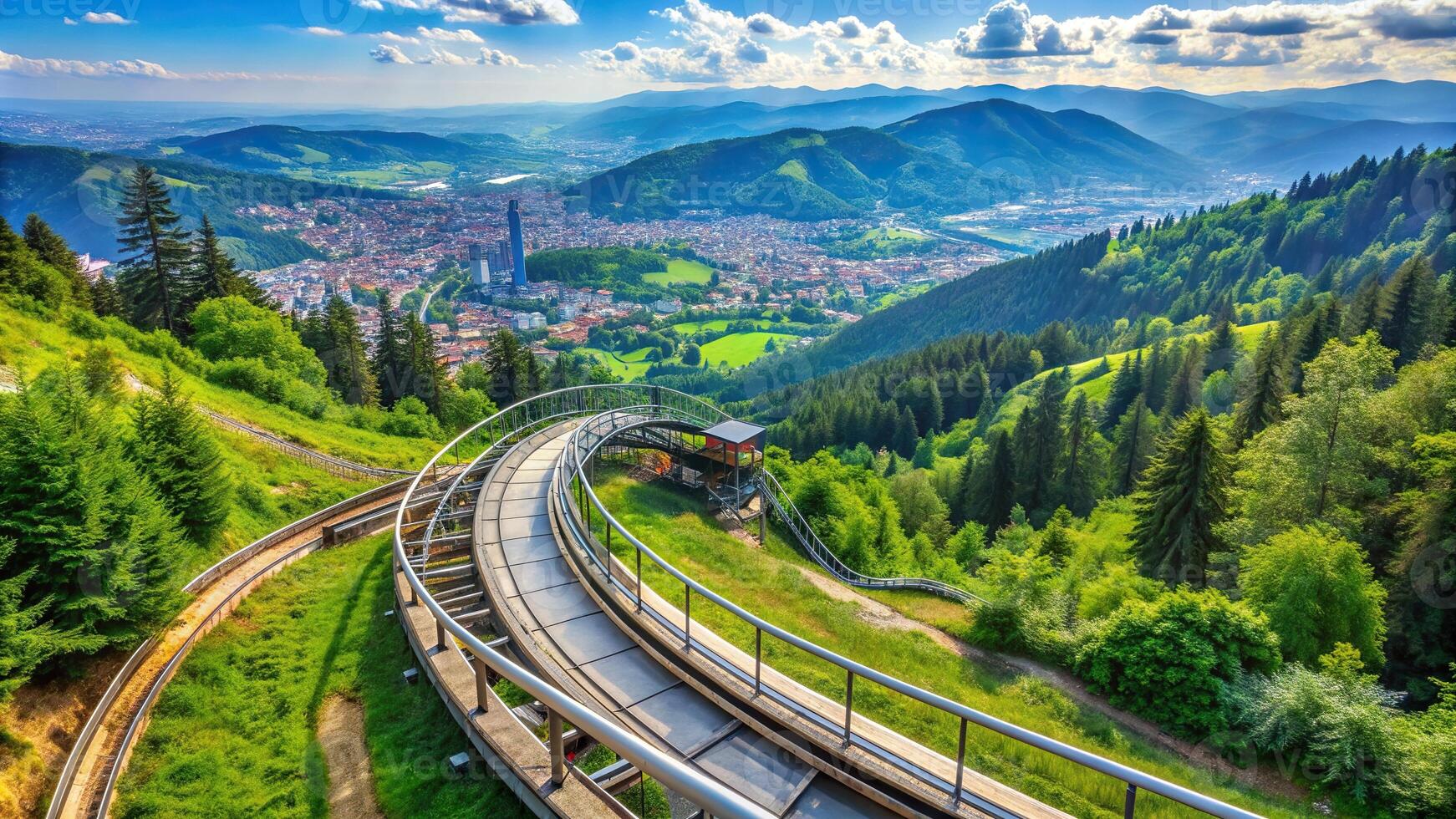 An exciting view of the alpine coaster on the asymmetrical slopes of the majestic Trebevic mountain with lush green forests and a panoramic scenery of Sarajevo city in the background photo
