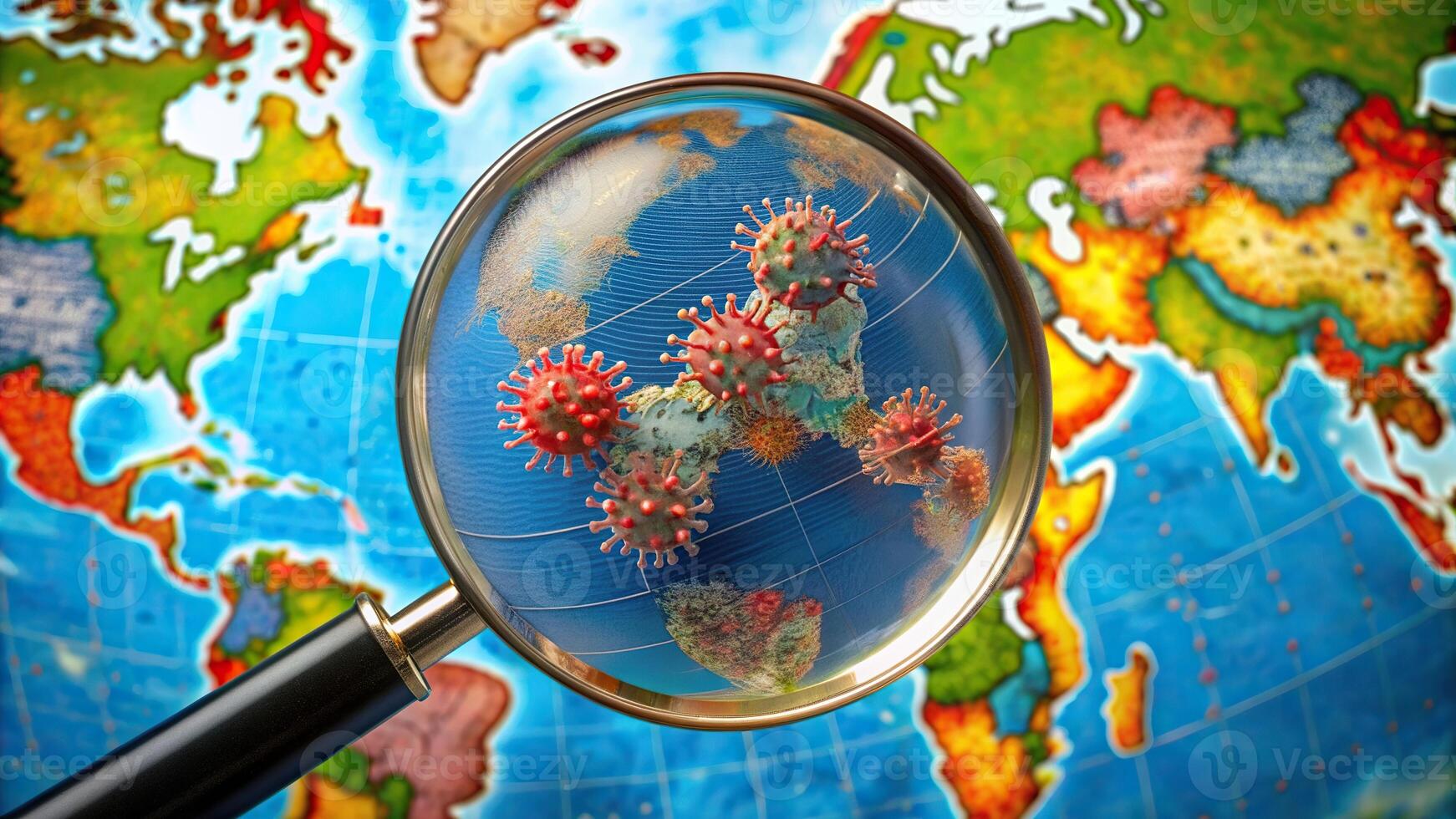 A close up of a globe with a magnifying glass showing the spread of the coronavirus across the United States, United States, USA, stock photo, globe, attack,pandemic, global, fisheye photo