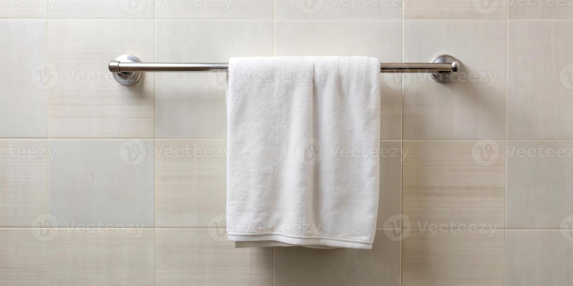 bathroom, metal bar, white, tilted, A white towel hangs on a tilted metal bar in a bathroom photo