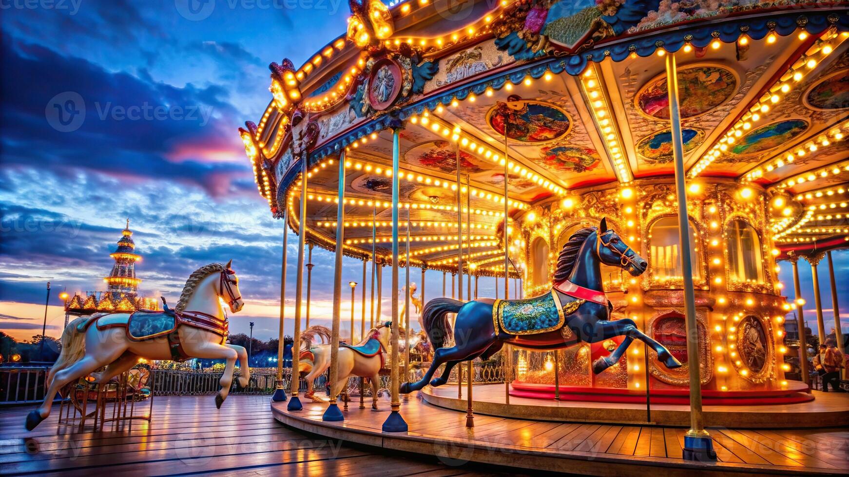 Carnivale horse ride on carousel at the evening Framing, whimsical, evening, iconic, fair, lights, leisure, childhood, framing, excitement, fun, entertainment, attraction, carousel photo