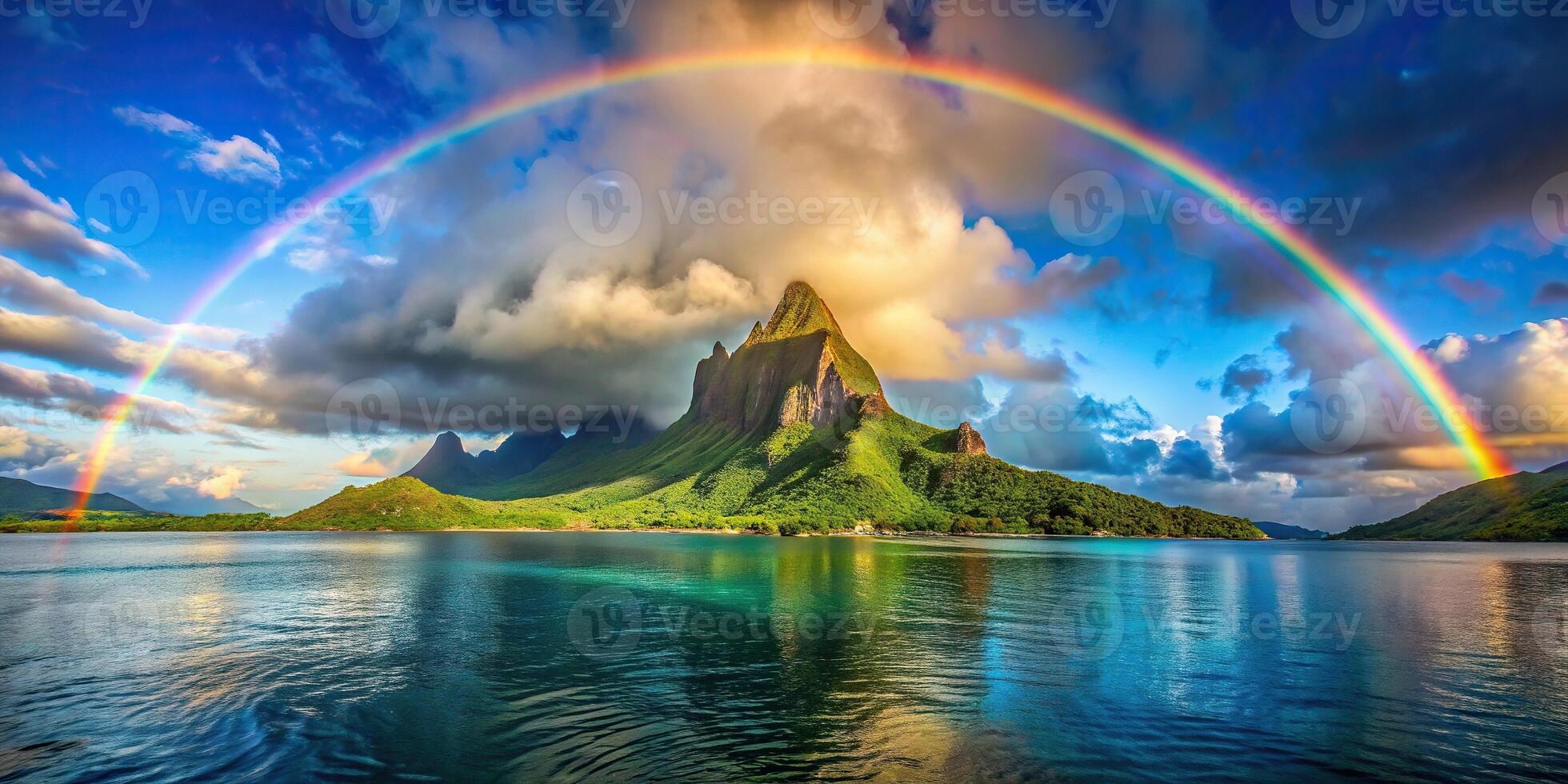A stunning rainbow arcs over the majestic mountain Otemanu in Bora Bora Tahiti captured at a unique tilted angle, relaxation, serenity, tilted angle, tropical, landscape,rainbow, Tahiti photo