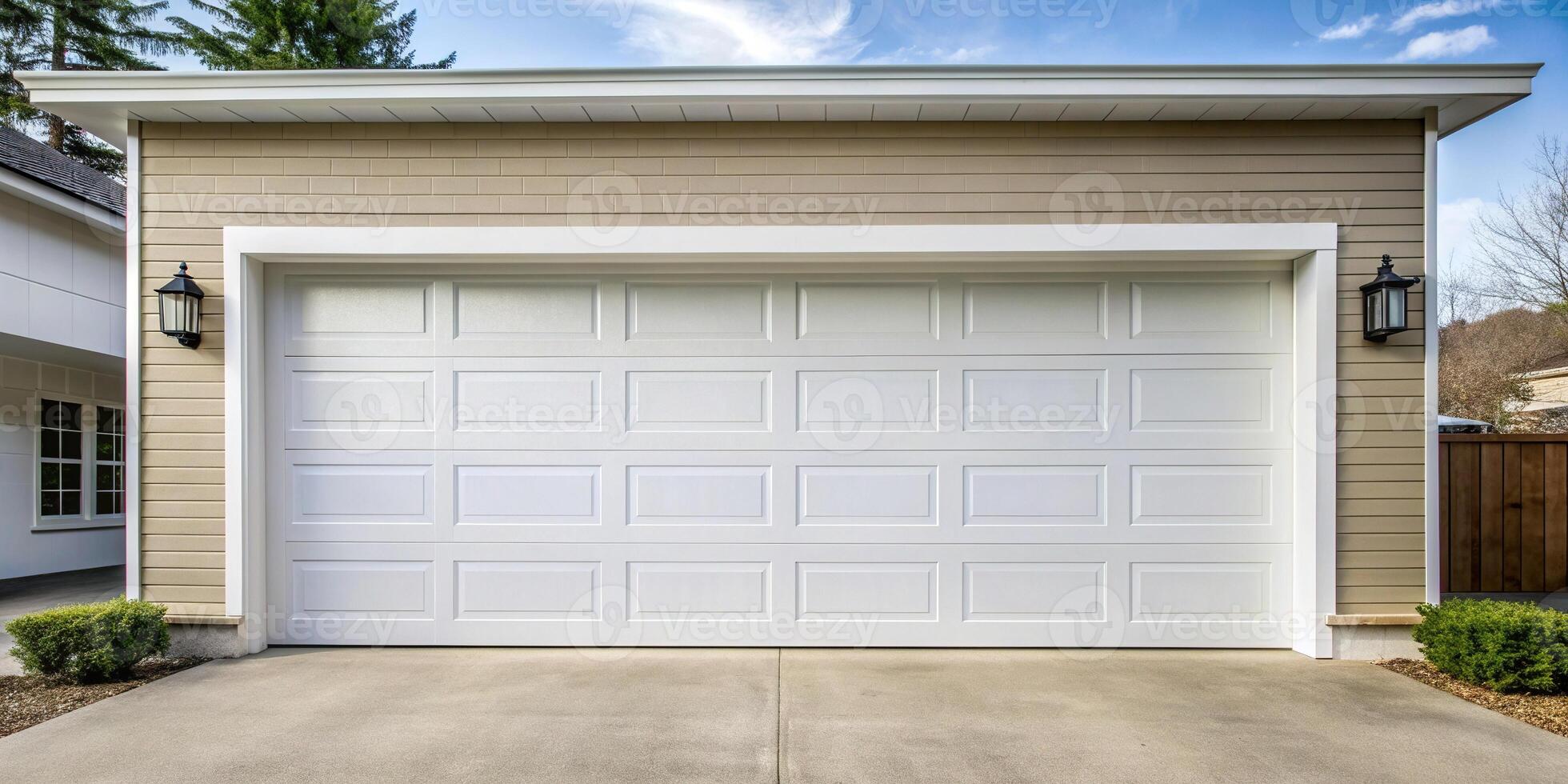 clean, white, home, property, suburban neighborhood, minimalistic, entrance, curb appeal, residential, residential area, driveway, house, White garage door with a driveway in front photo