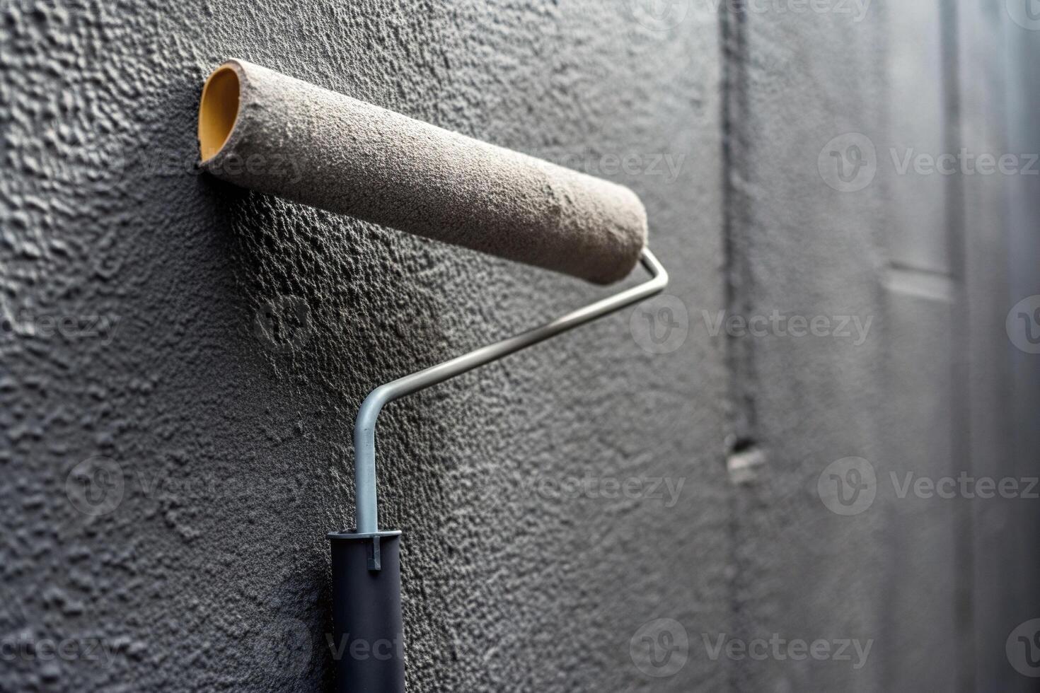 improvement, renovation, color, home improvement, residential building, brush, A close up view of a paint roller on a wall during the renovation of a building facade painted in dark gray photo